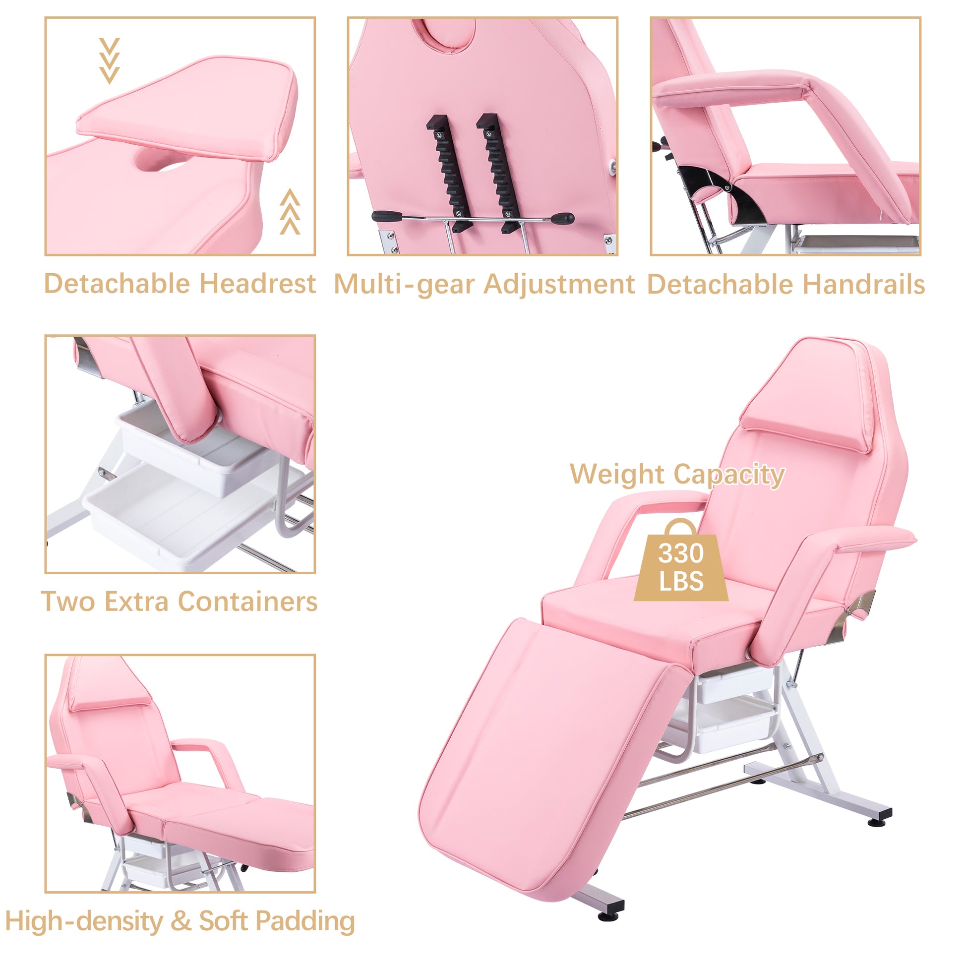 Pink adjustable massage table with detachable headrest and armrests
