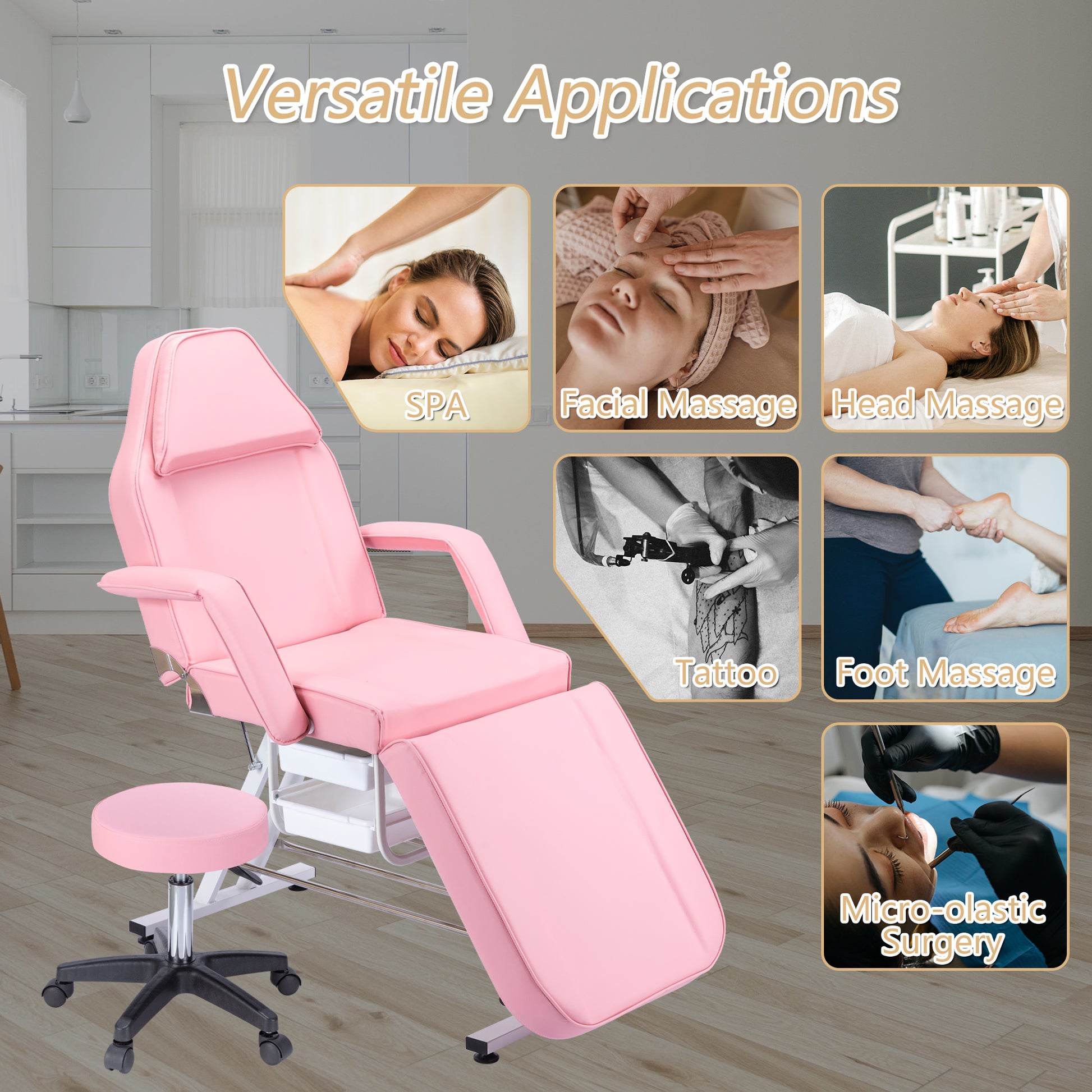 Adjustable pink spa bed with padded headrest armrests and leg support for versatile salon use