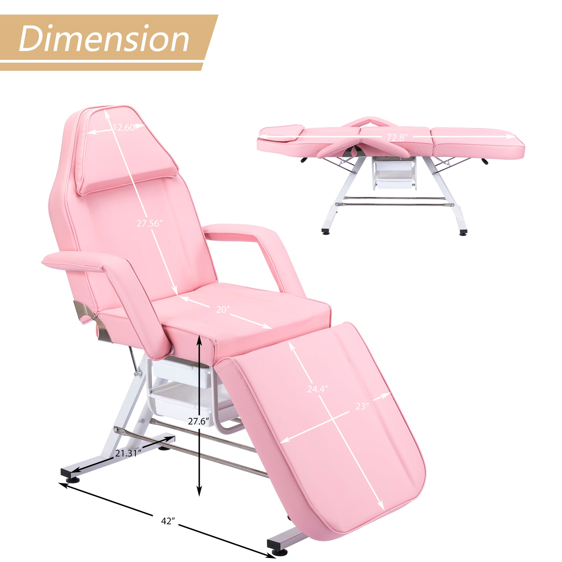 Pink adjustable facial bed with reclining backrest and extendable footrest for spa treatments