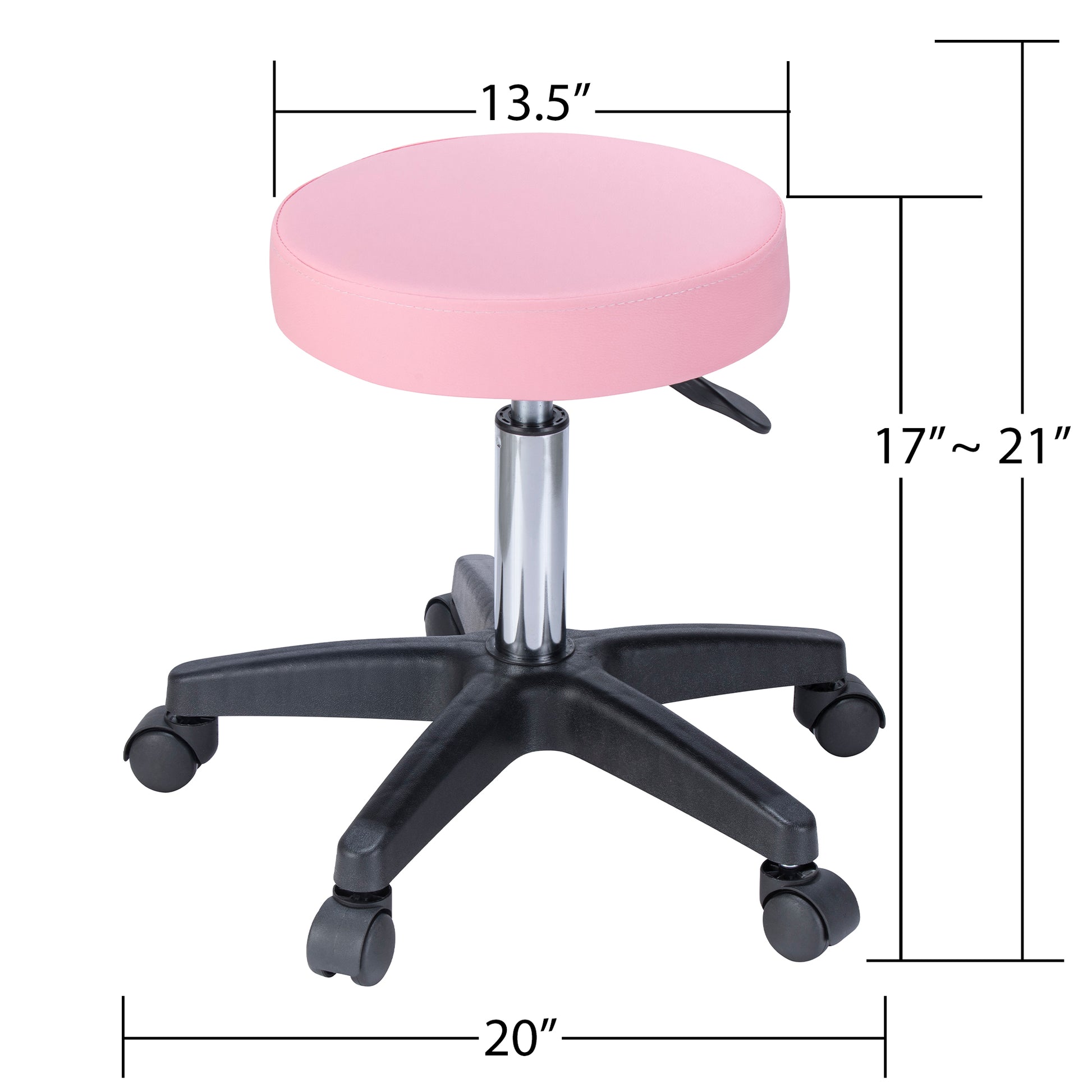 Adjustable height pink salon stool with padded seat and rolling casters for easy mobility