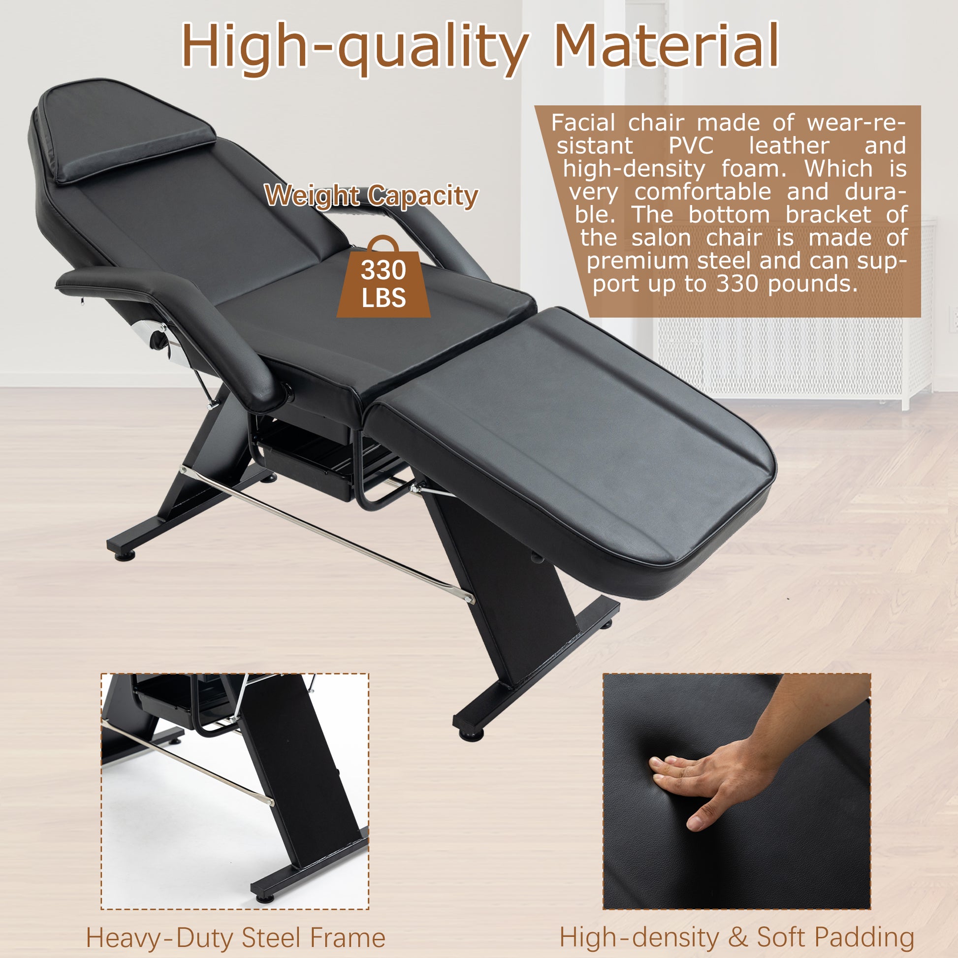 Black salon chair with adjustable headrest and armrests for spa treatments