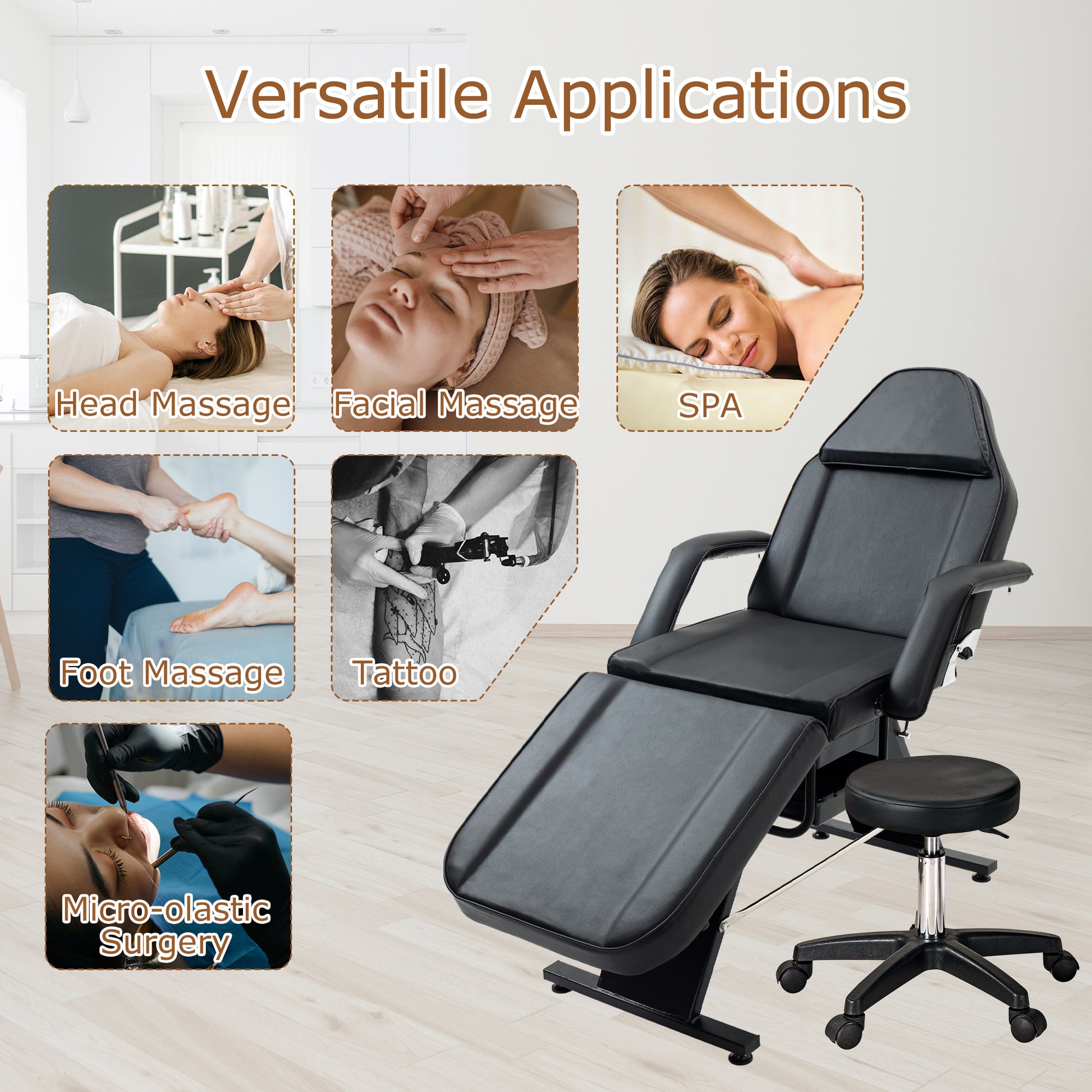 Adjustable black massage bed with wheeled stool ideal for spa services
