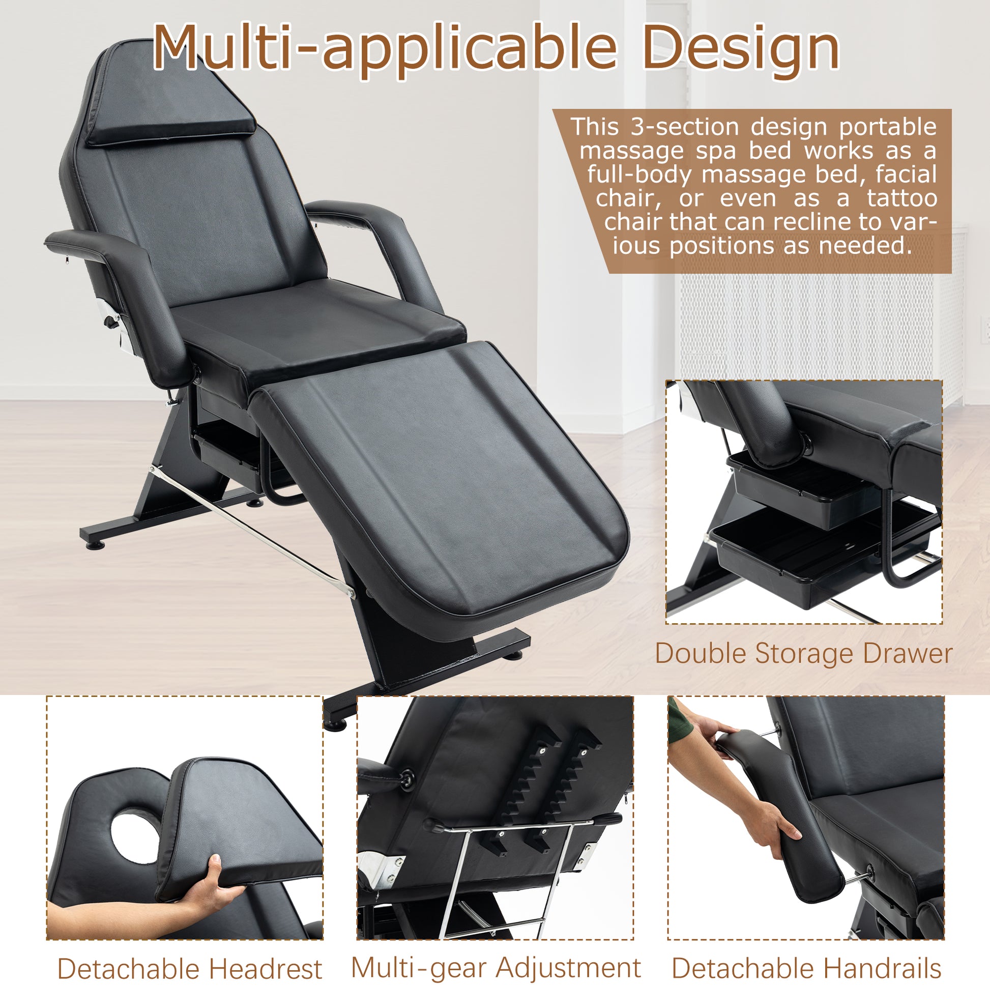 Black multisection massage spa bed with adjustable armrests