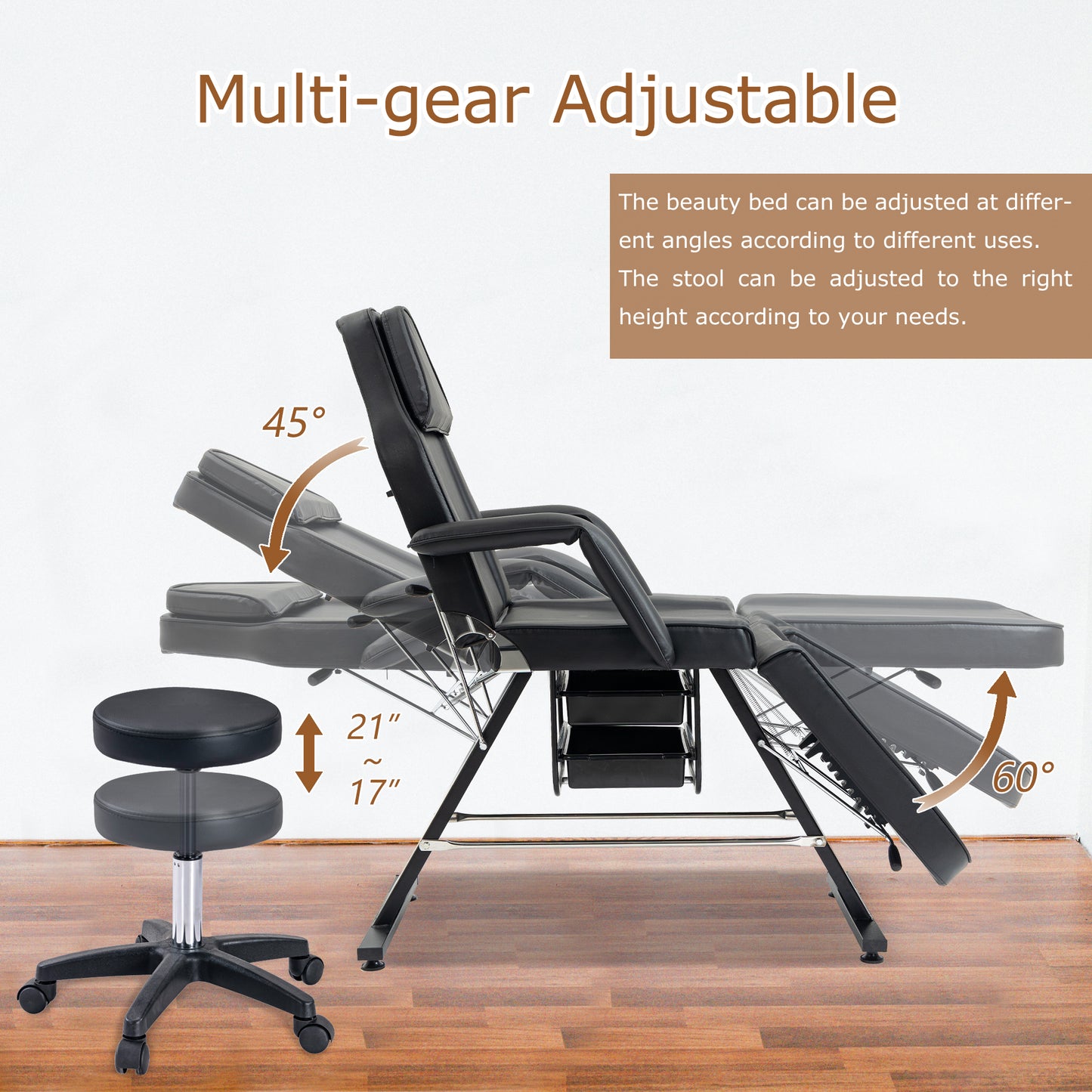 Black adjustable beauty bed with removable headrest and hydraulic stool for spa treatments