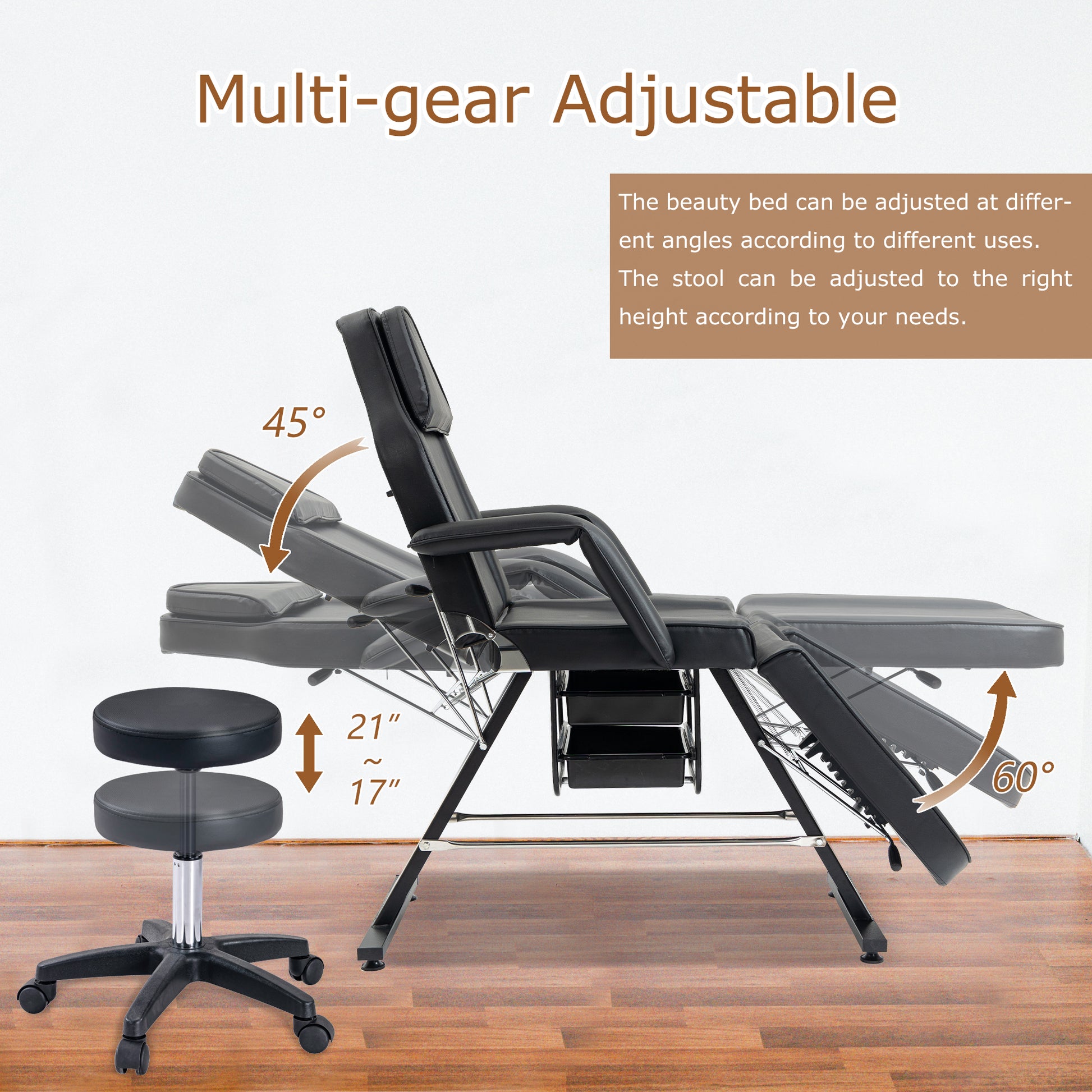 Black adjustable beauty bed with removable headrest and hydraulic stool for spa treatments