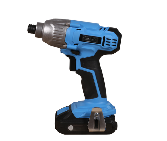 Blue and silver cordless impact wrench with black grip and battery