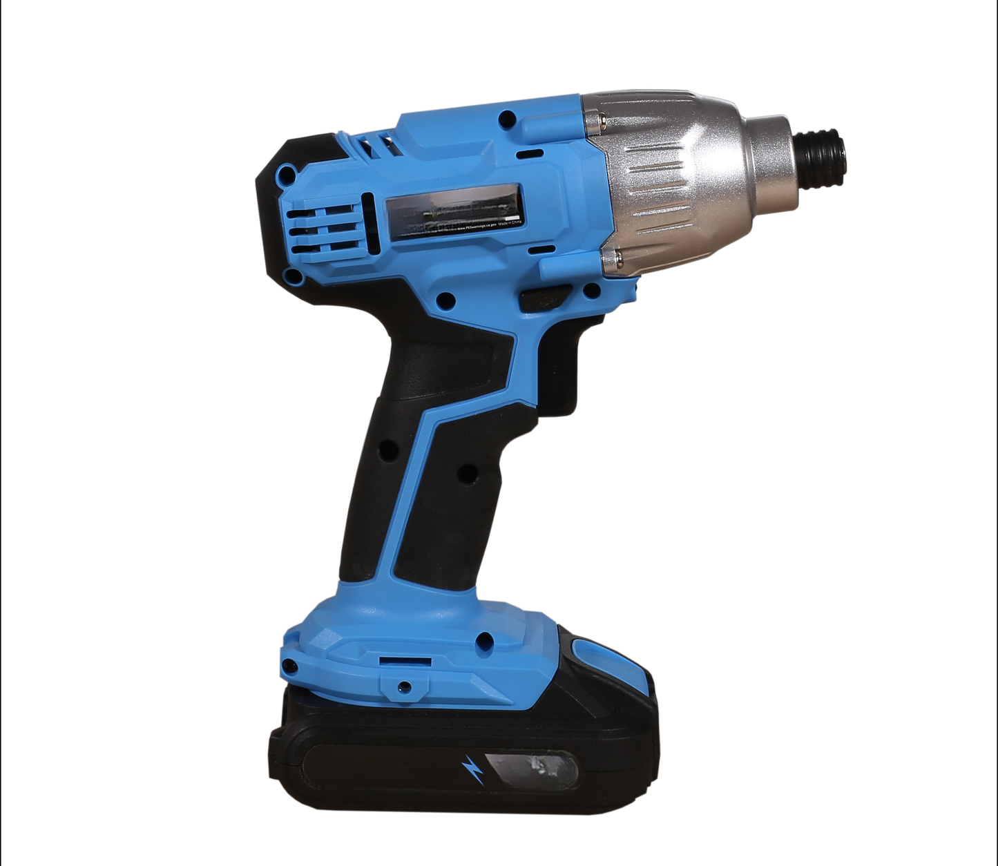 Blue and silver cordless impact driver with black grip
