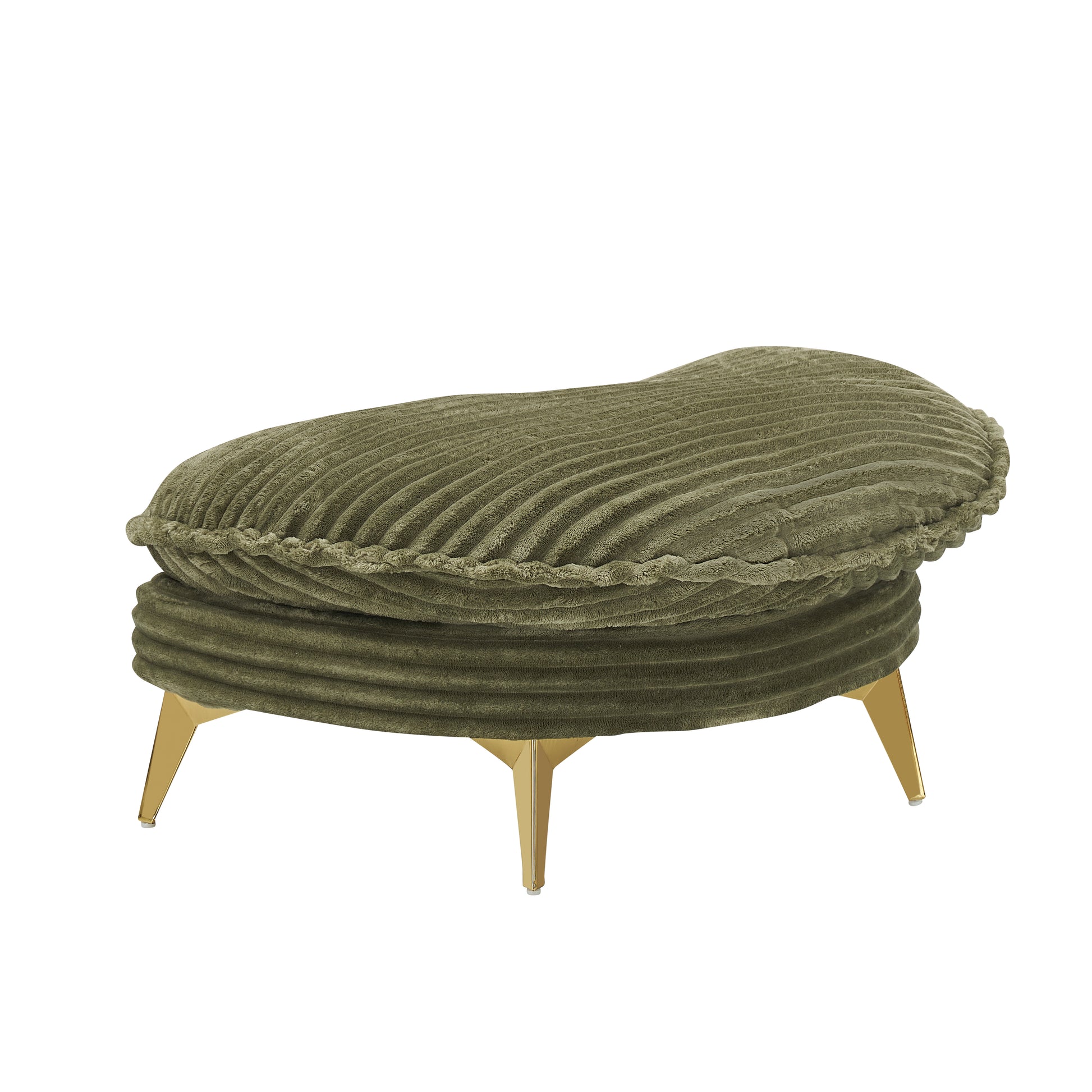 Olive green corduroy ottoman with plush texture and gold metal legs
