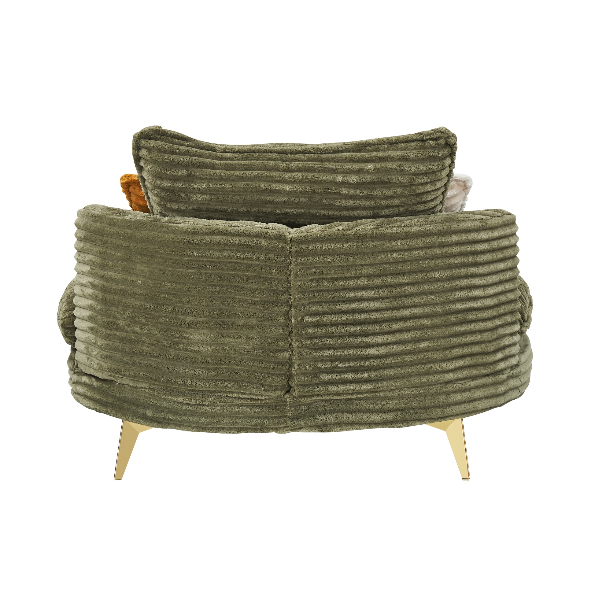 Moss green corduroy armchair with plush texture and gold legs