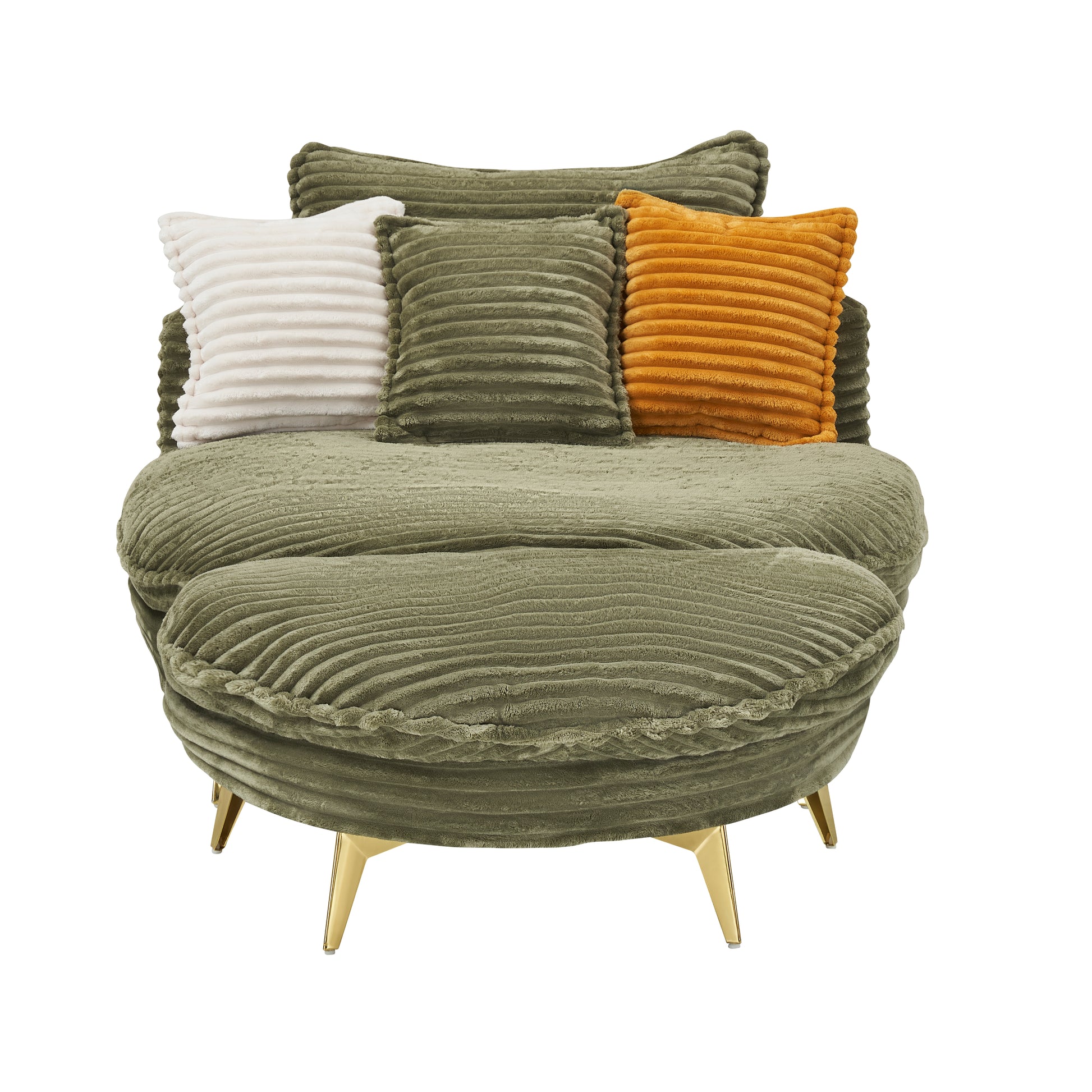 Plush corduroy accent chair in sage green with plush white and burnt orange decorative pillows