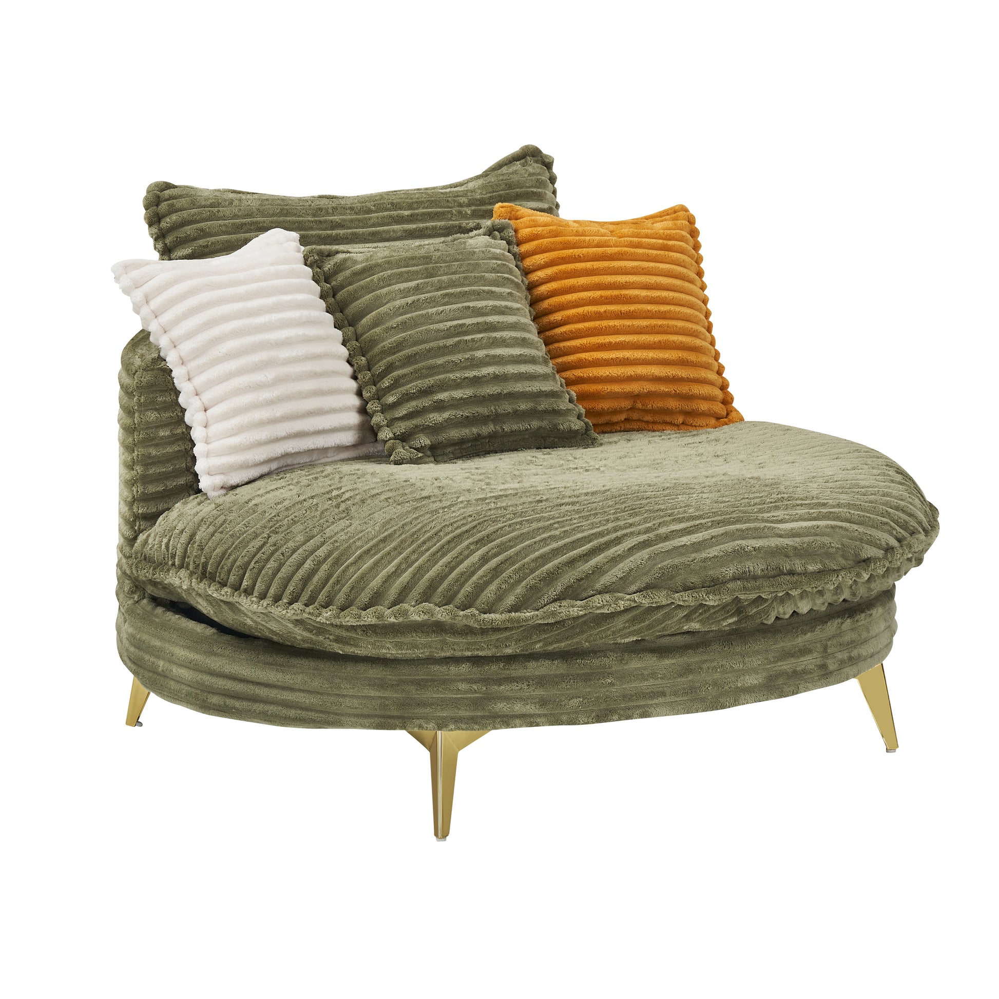 Comfortable corduroy accent chair in olive green with decorative pillows