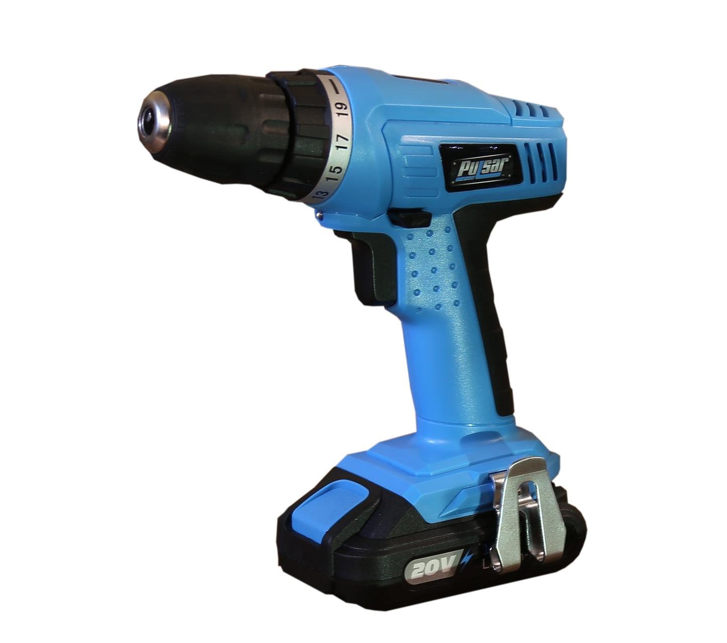 Blue V Pulsar cordless drill with black accents and adjustable torque settings