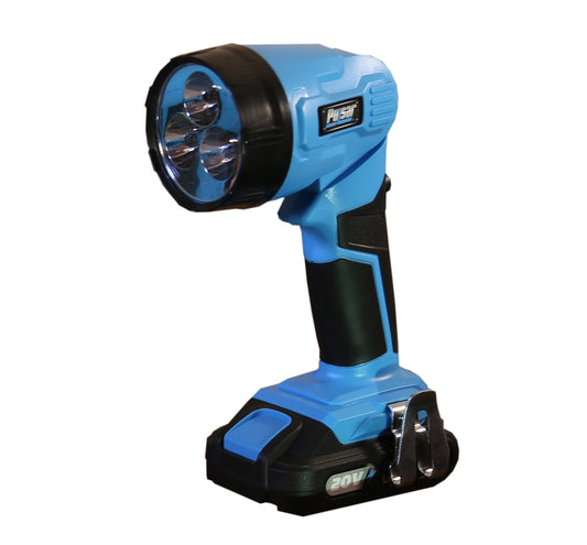 Blue and black V pulsar cordless work light with three LED beams