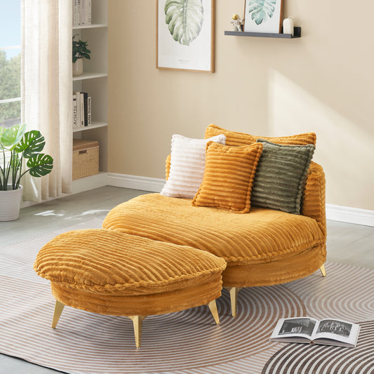 Plush ochre corduroy accent chair with matching ottoman and textured throw pillows