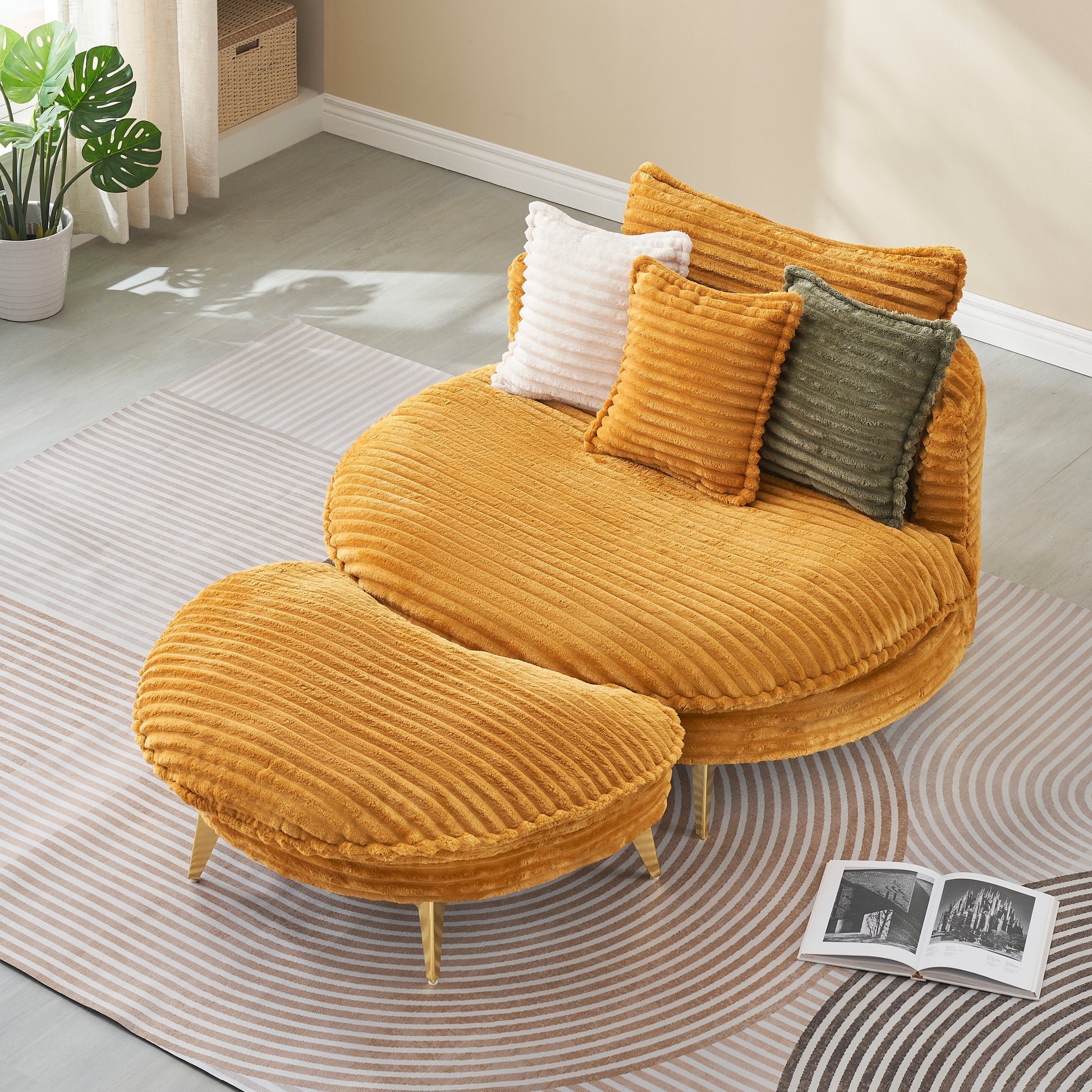 Cozy mustard yellow corduroy armchair with matching ottoman and plush decorative pillows