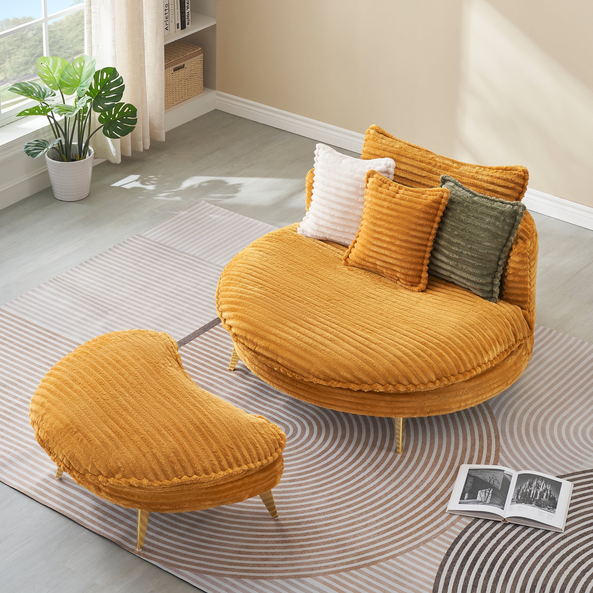 Mustard corduroy accent chair with curved design and plush pillows