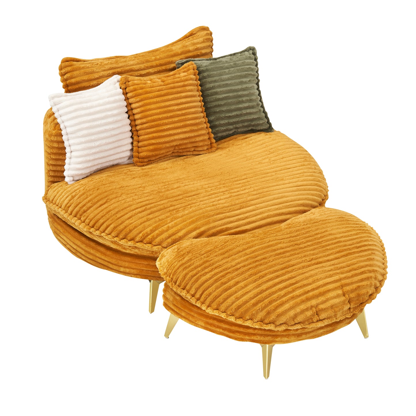 Cozy corduroy accent chair in mustard yellow with plush white rust and olive pillows on gold legs