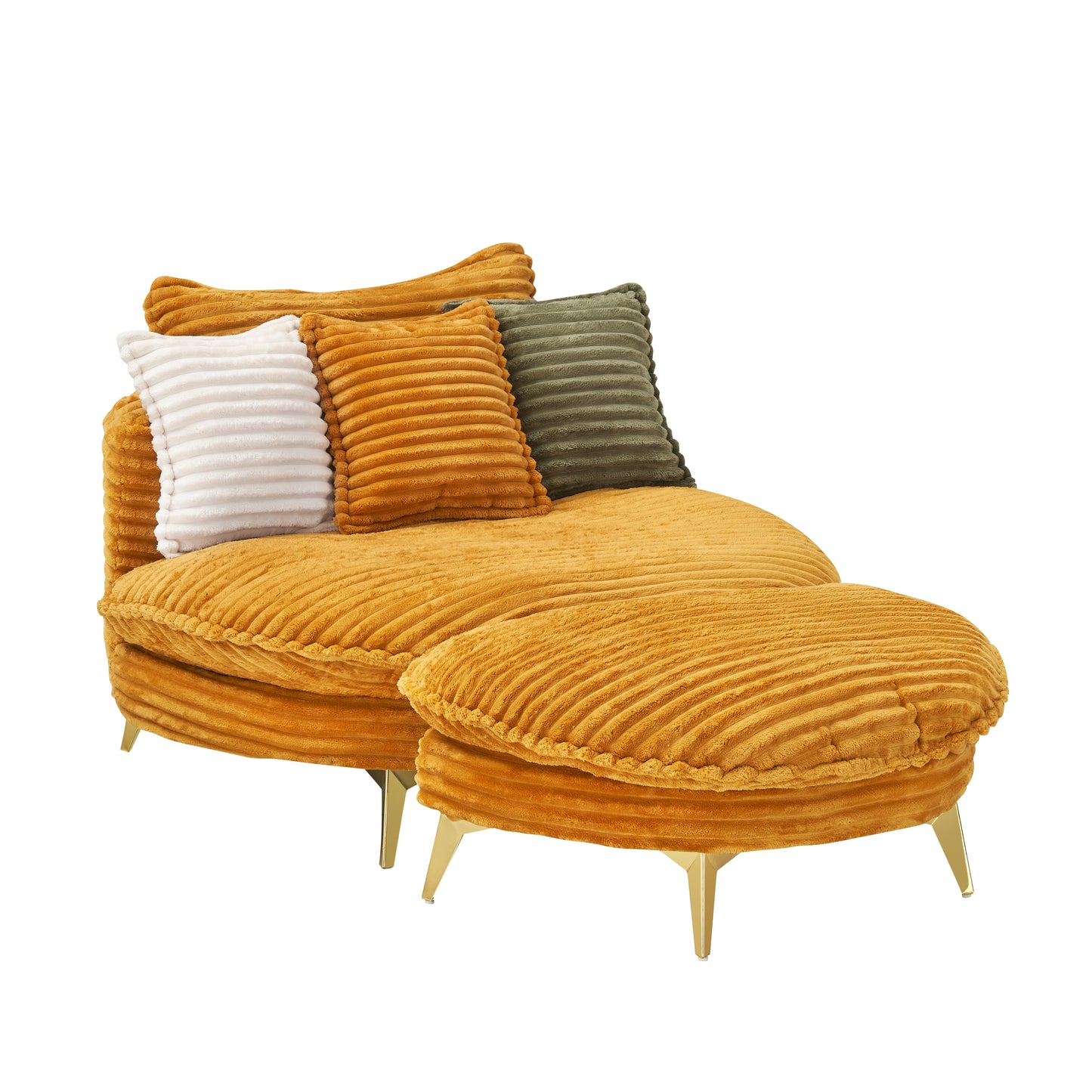 Textured corduroy chaise lounge in mustard yellow with matching ottoman and accent pillows for living room comfort