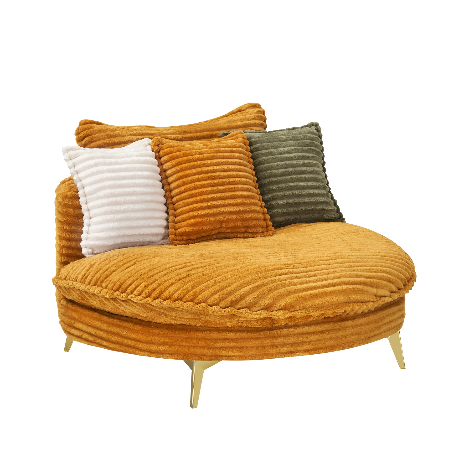Mustard yellow corduroy armchair with plush white and olive green throw pillows for cozy living room seating