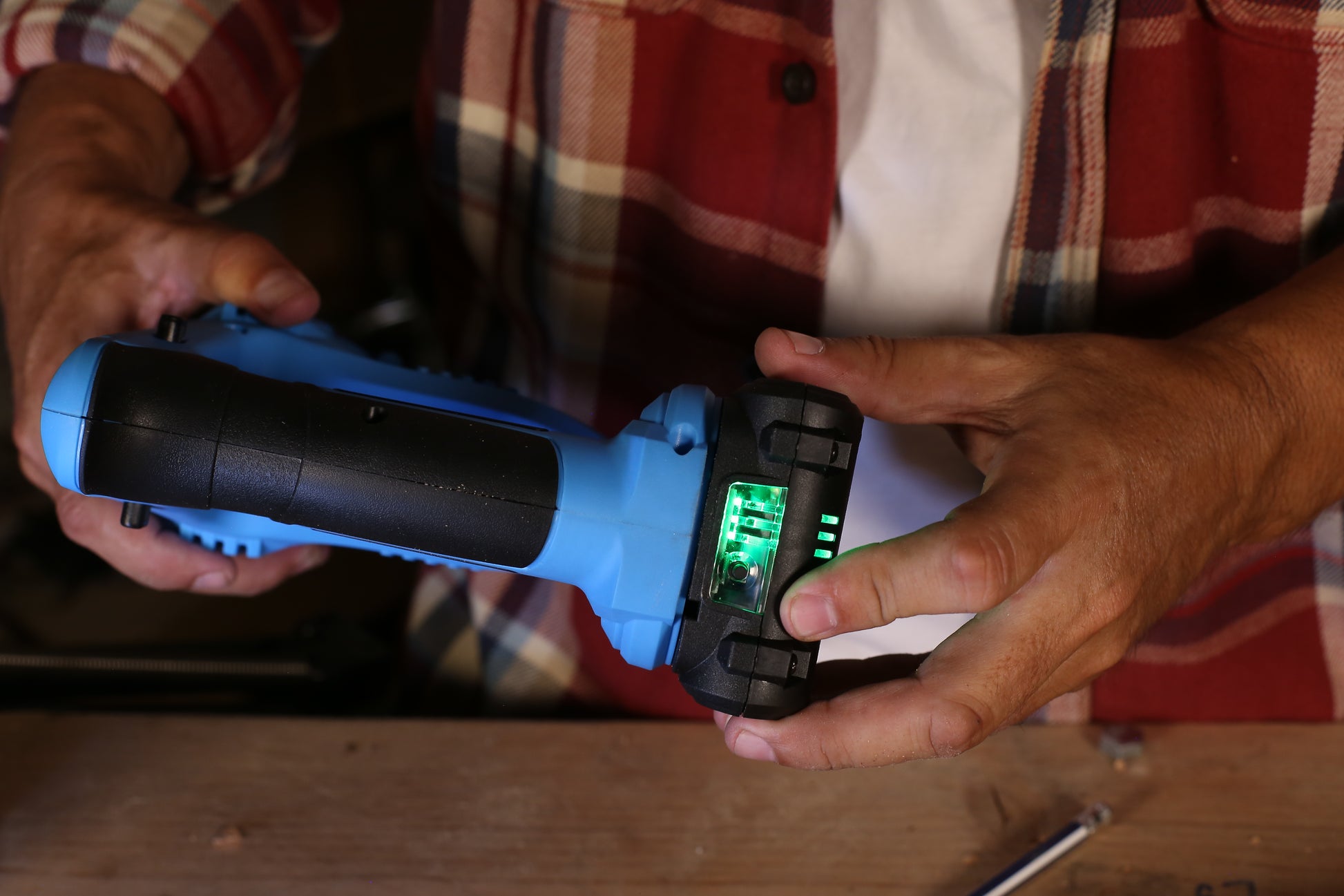 Blue cordless drill with battery indicator ideal for DIY projects