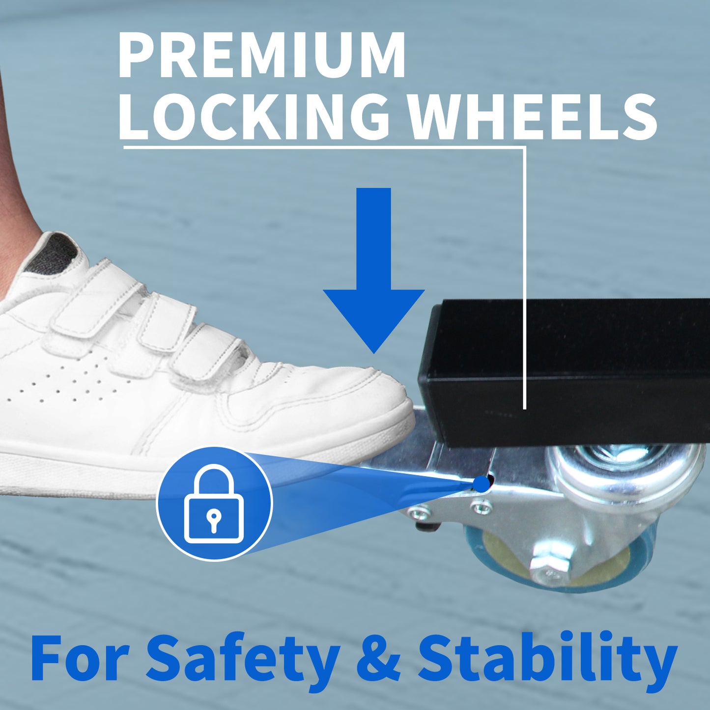 White sneaker foot pressing down on a premium locking wheel caster for stability