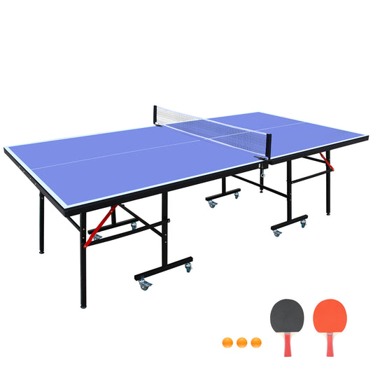 Blue folding ping pong table with wheels and net