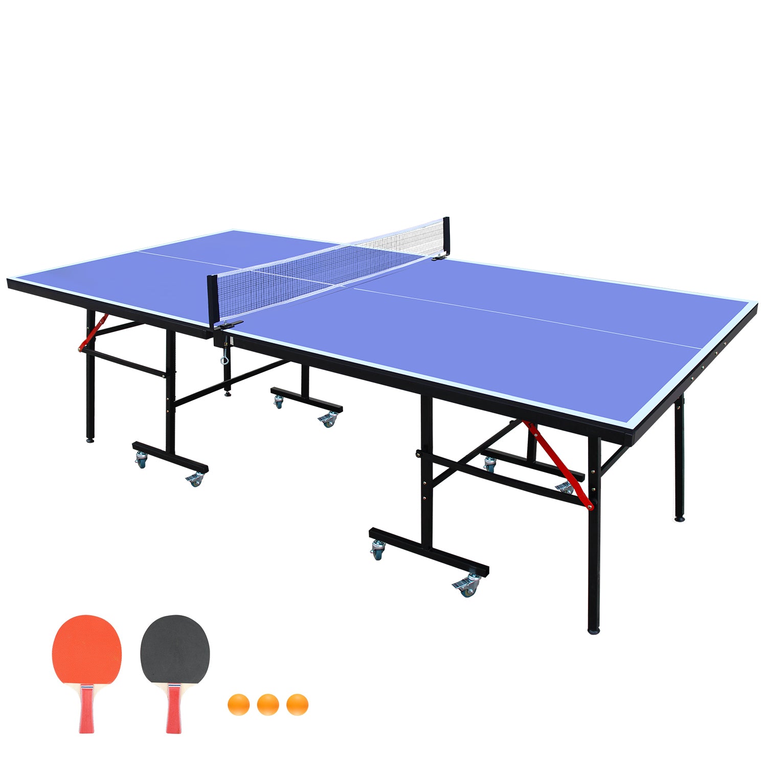 Foldable blue ping pong table with black frame and wheels including paddles