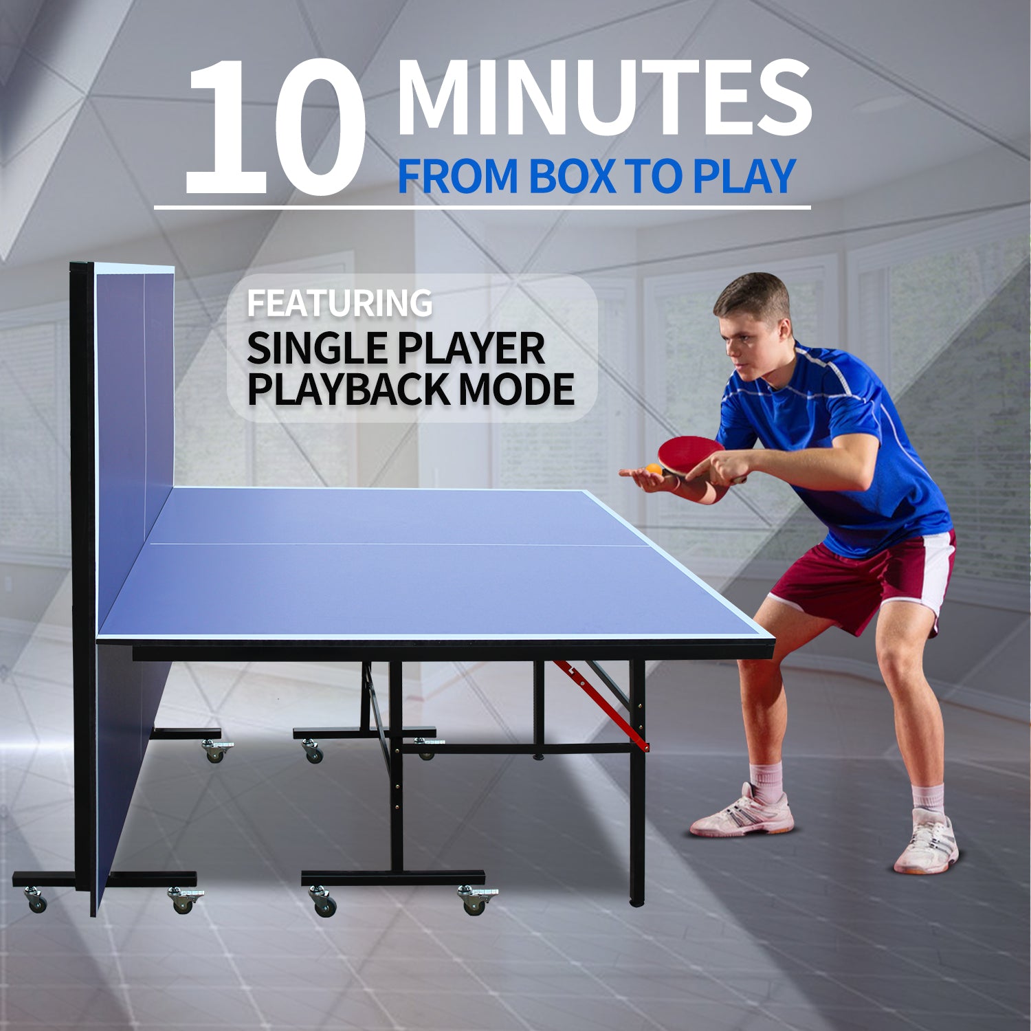 Blue ping pong table with playback mode perfect for solo practice