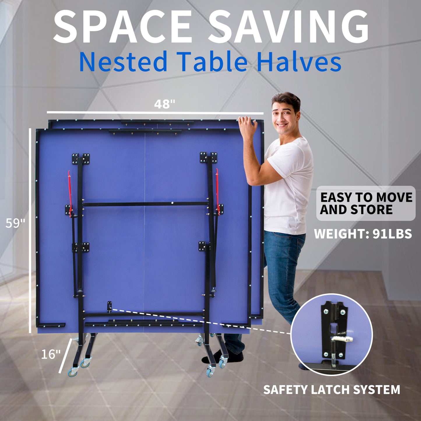Foldable blue ping pong table halves with safety latch system