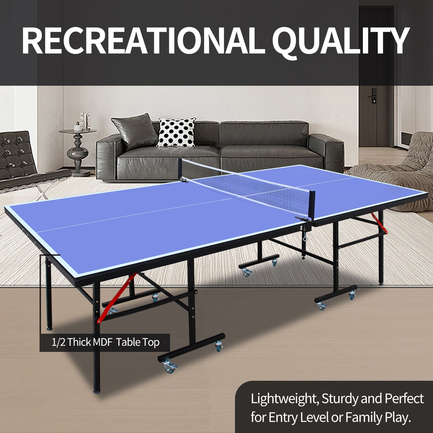 Blue recreational ping pong table with black metal legs and wheels set up for play