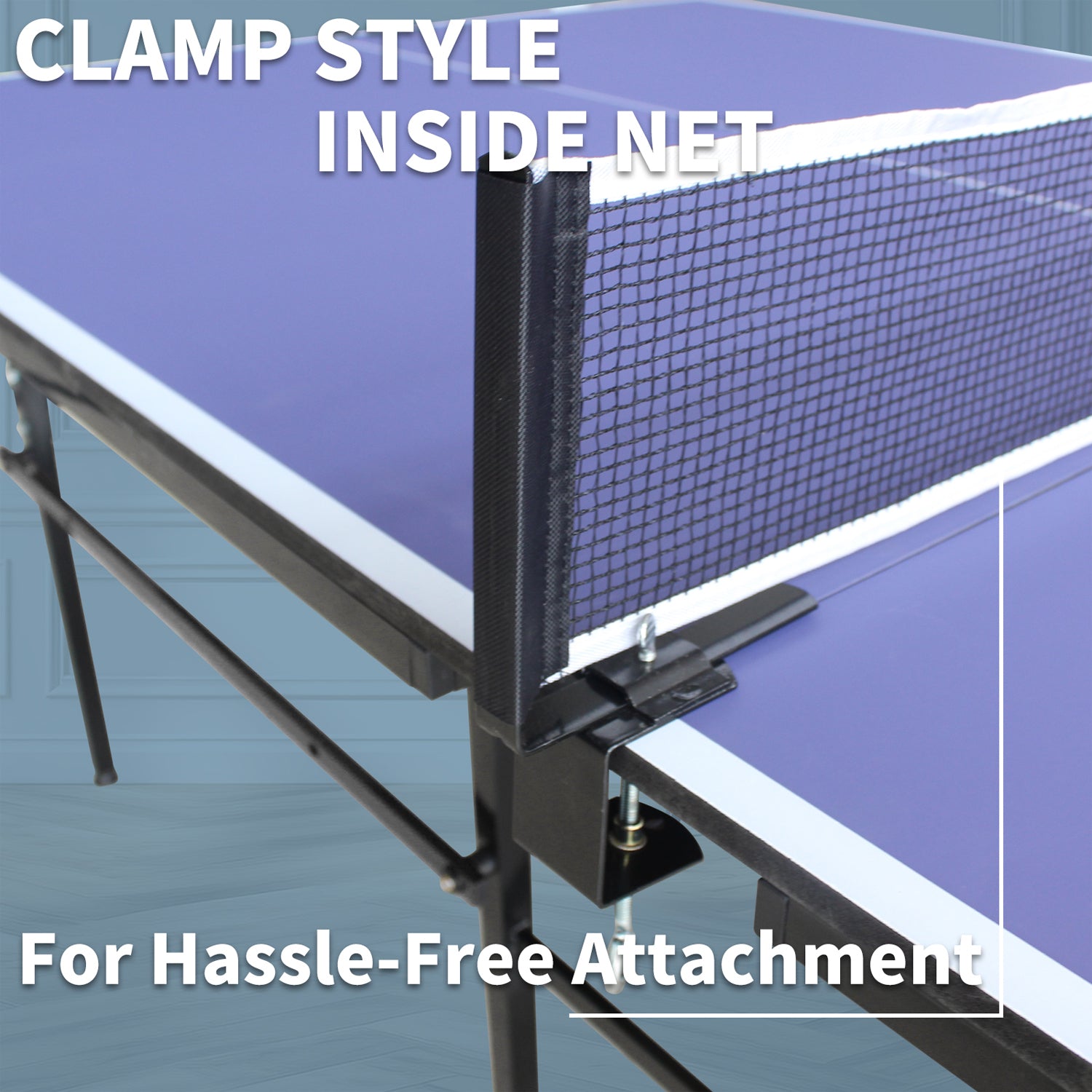 Closeup of a clampstyle table tennis net attached to a blue table