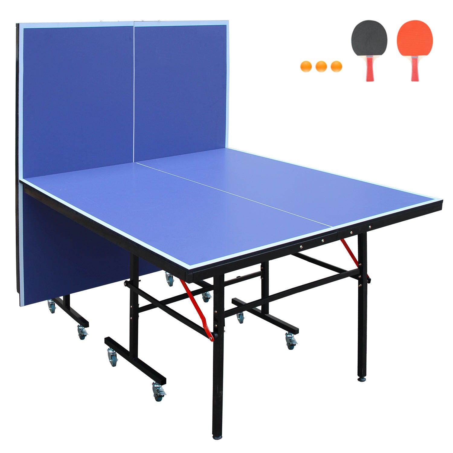 Blue foldable ping pong table with two paddles and three balls included
