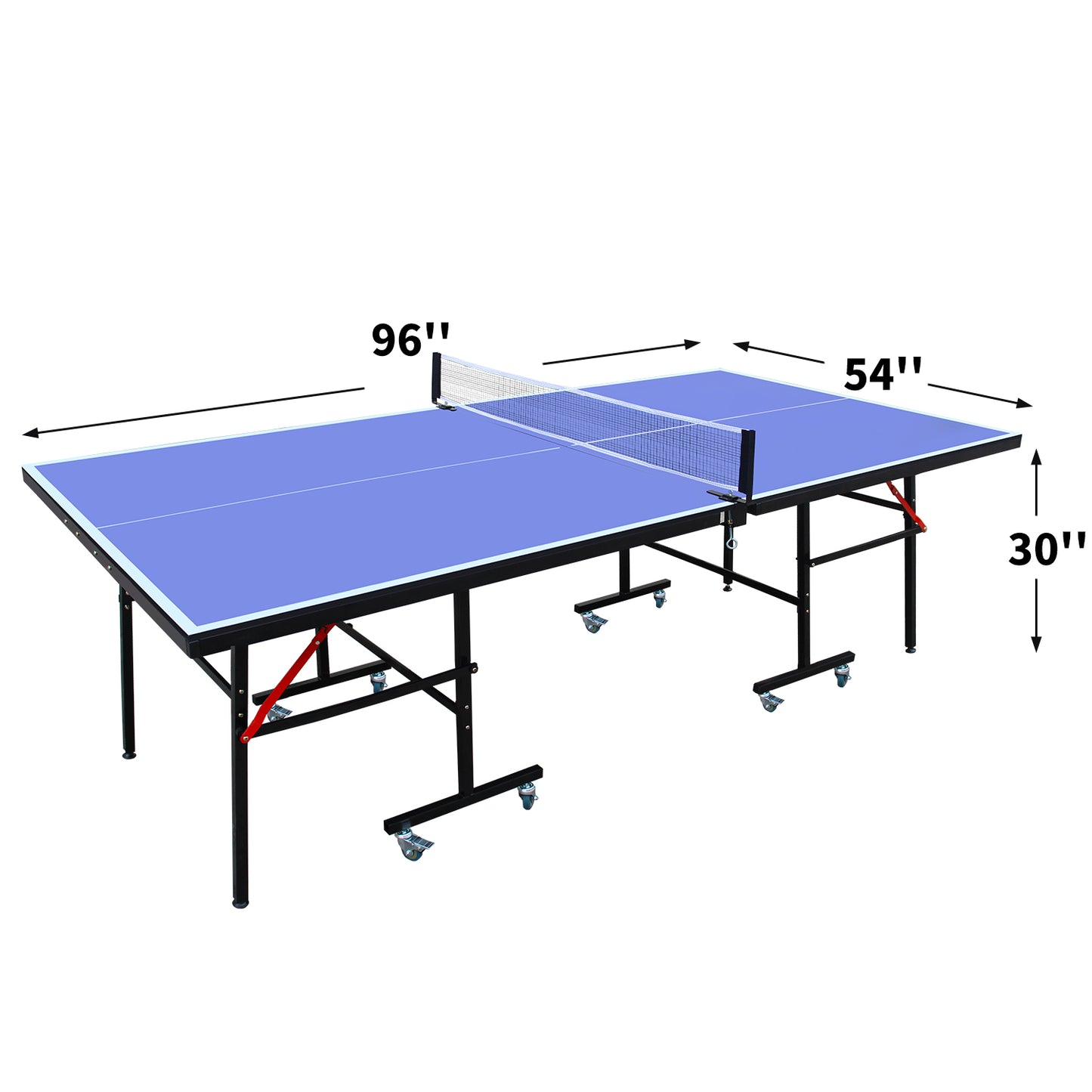 Blue ping pong table  inches long  inches wide  inches high with net and wheels