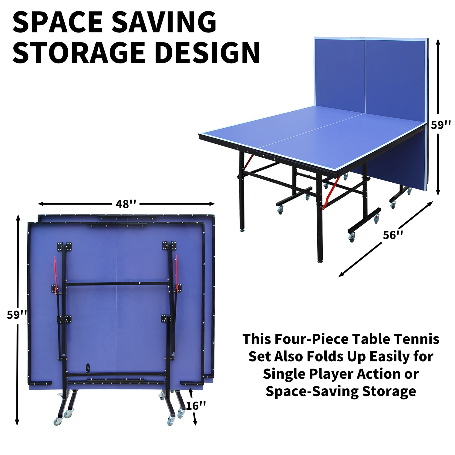 Compact blue table tennis table with folding legs for easy storage