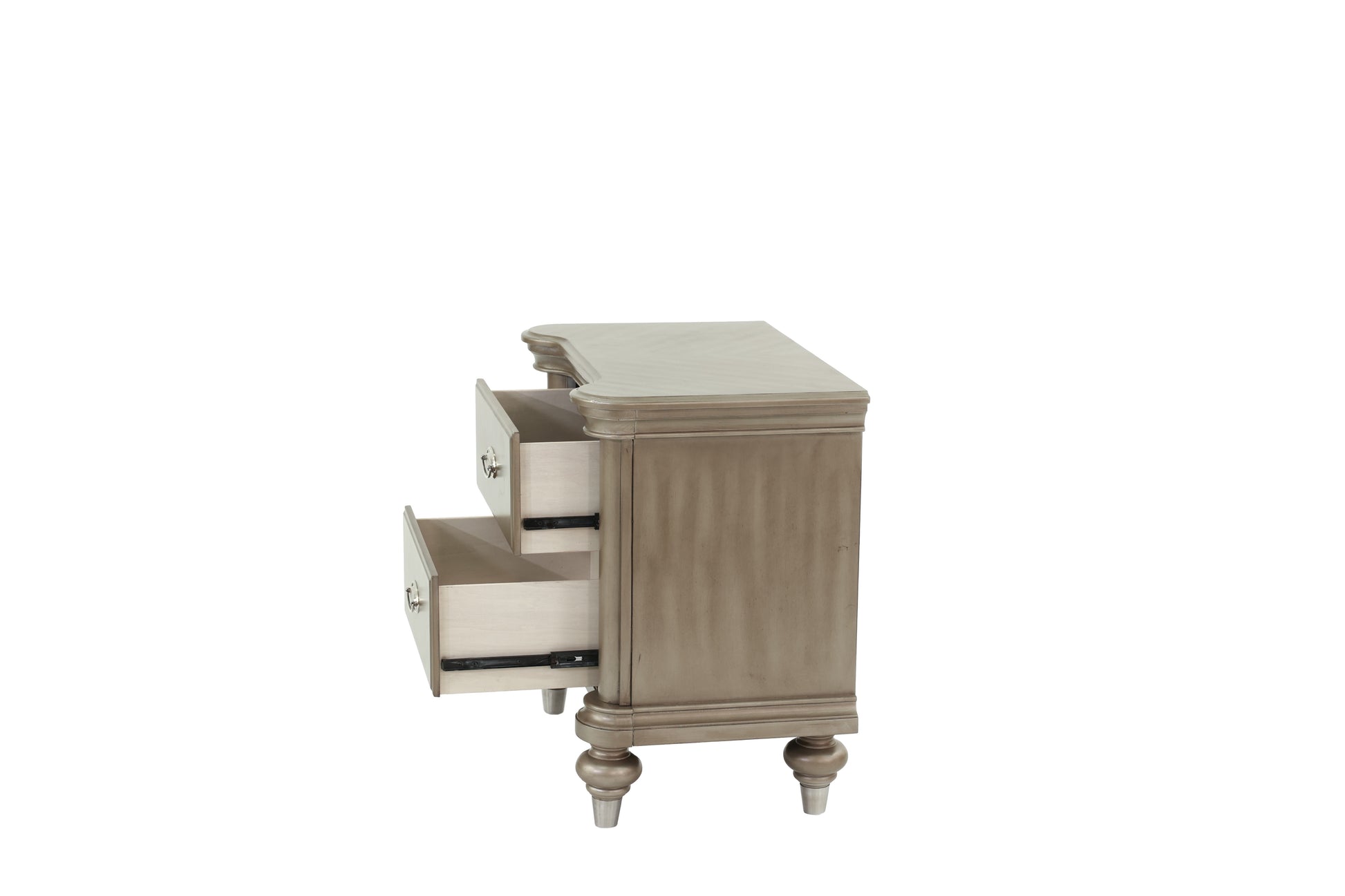 Antique brass nightstand with two open drawers and ornate legs