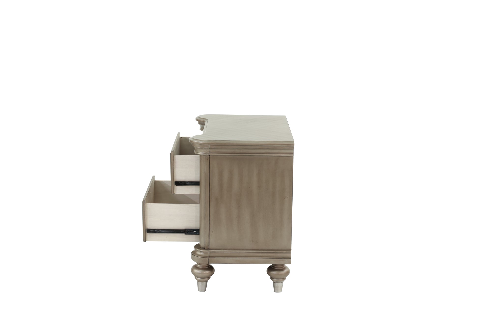 Antique silver twodrawer bedside table with carved detailing and bun feet