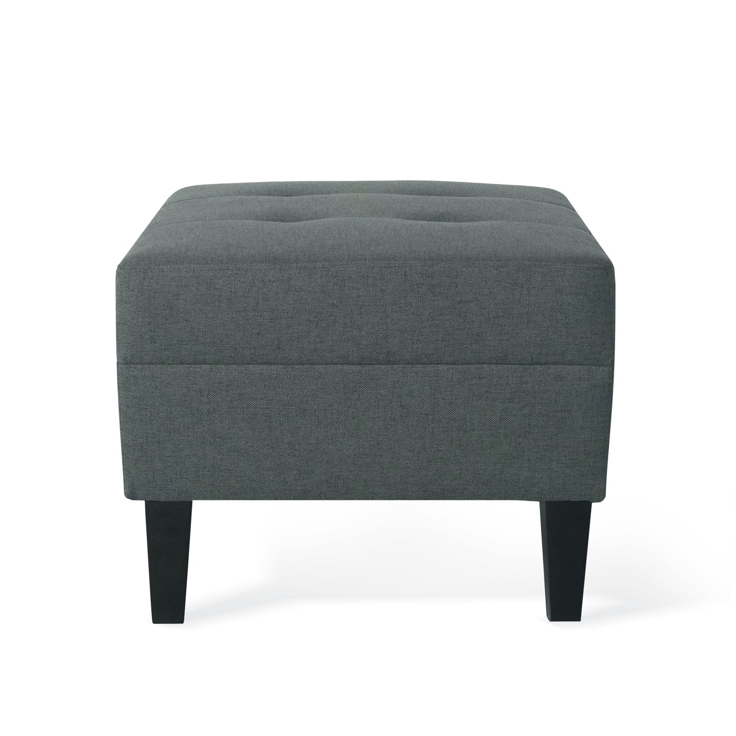 Tufted grey fabric ottoman with dark wooden legs