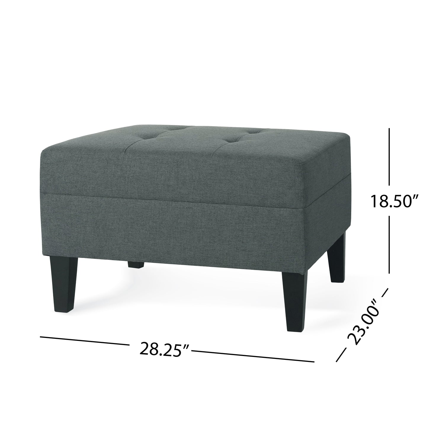 Tufted dark grey fabric storage ottoman with square shape and four black legs