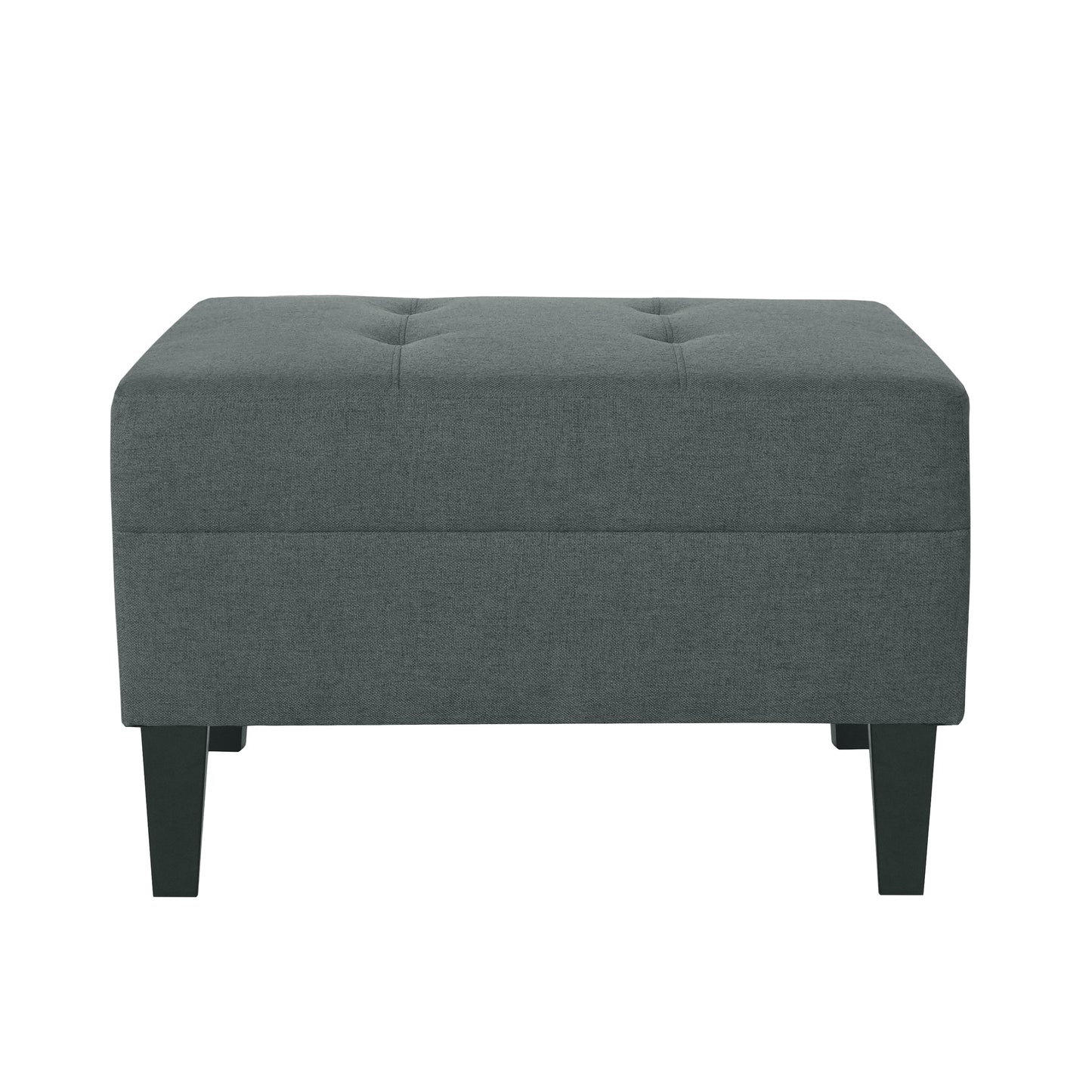 Tufted grey fabric ottoman with dark wooden legs a modern accent for any living room