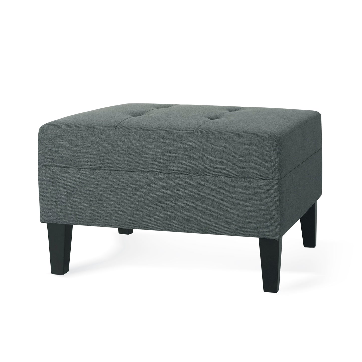Tufted charcoal grey fabric ottoman with black tapered legs