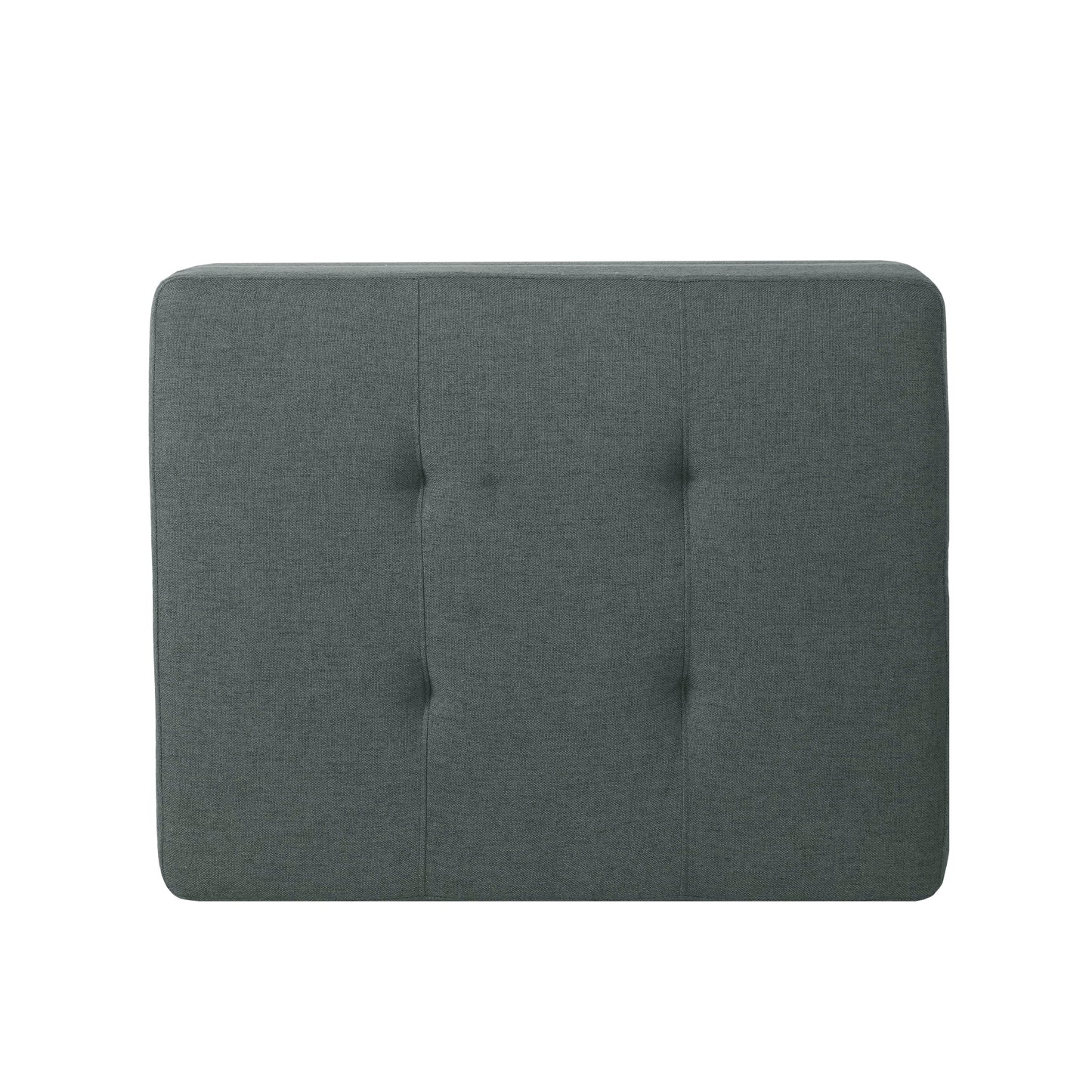 Dark gray upholstered headboard with button tufting and clean stitching