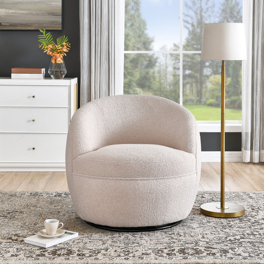 Plush cream boucle swivel accent chair with a rounded back and base perfect for modern living rooms