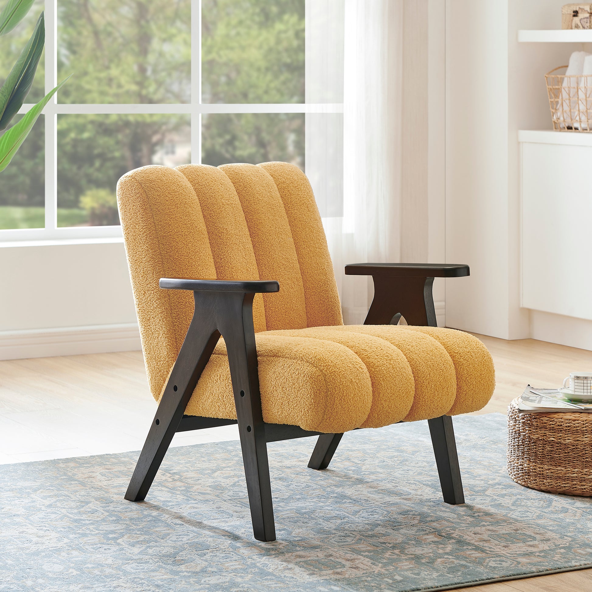 Yellow boucle accent chair with dark wood frame featuring channel tufting for a modern look