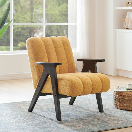 Yellow boucle accent chair with dark wood frame featuring channel tufting for a modern look