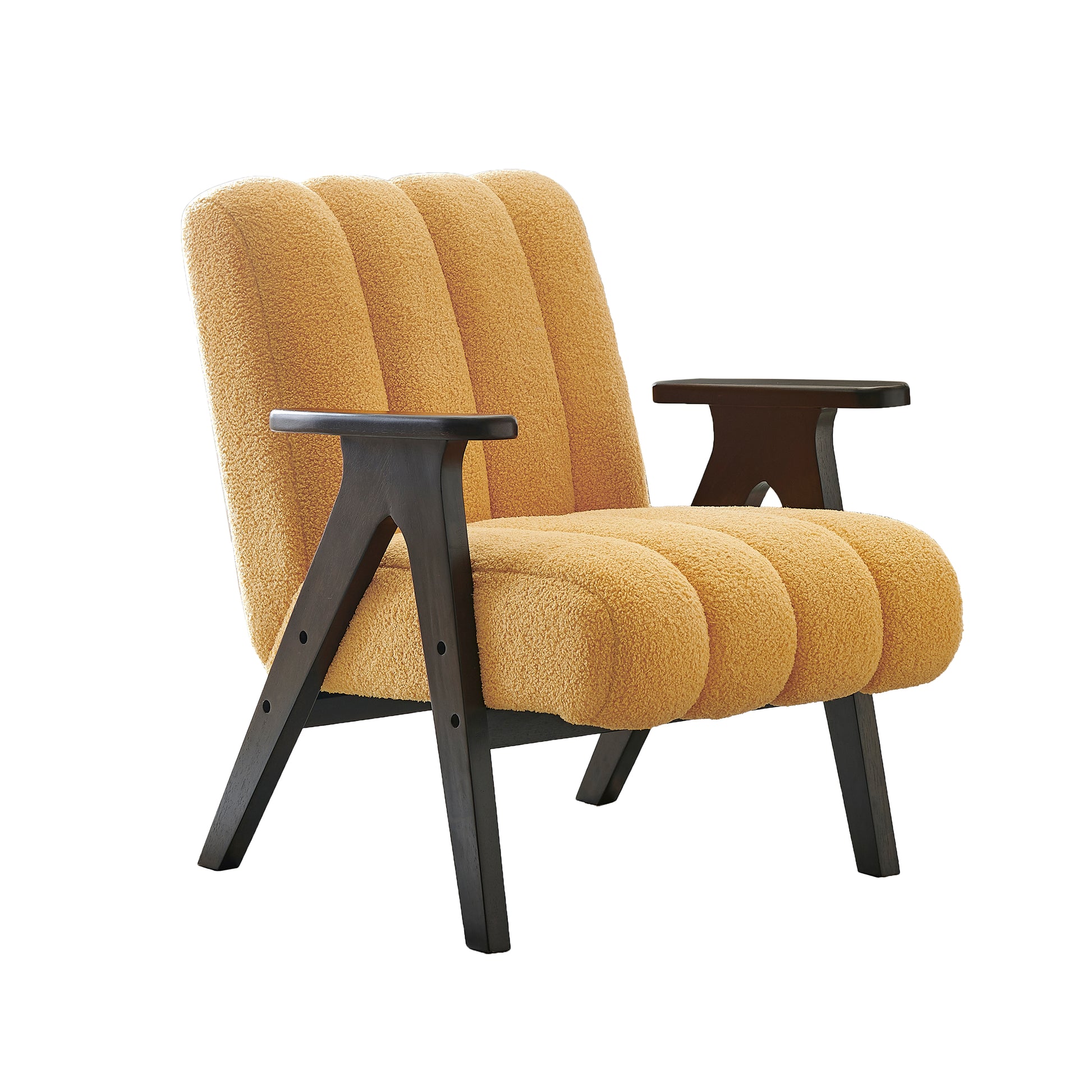 Accent chair with textured mustard fabric and dark wood frame