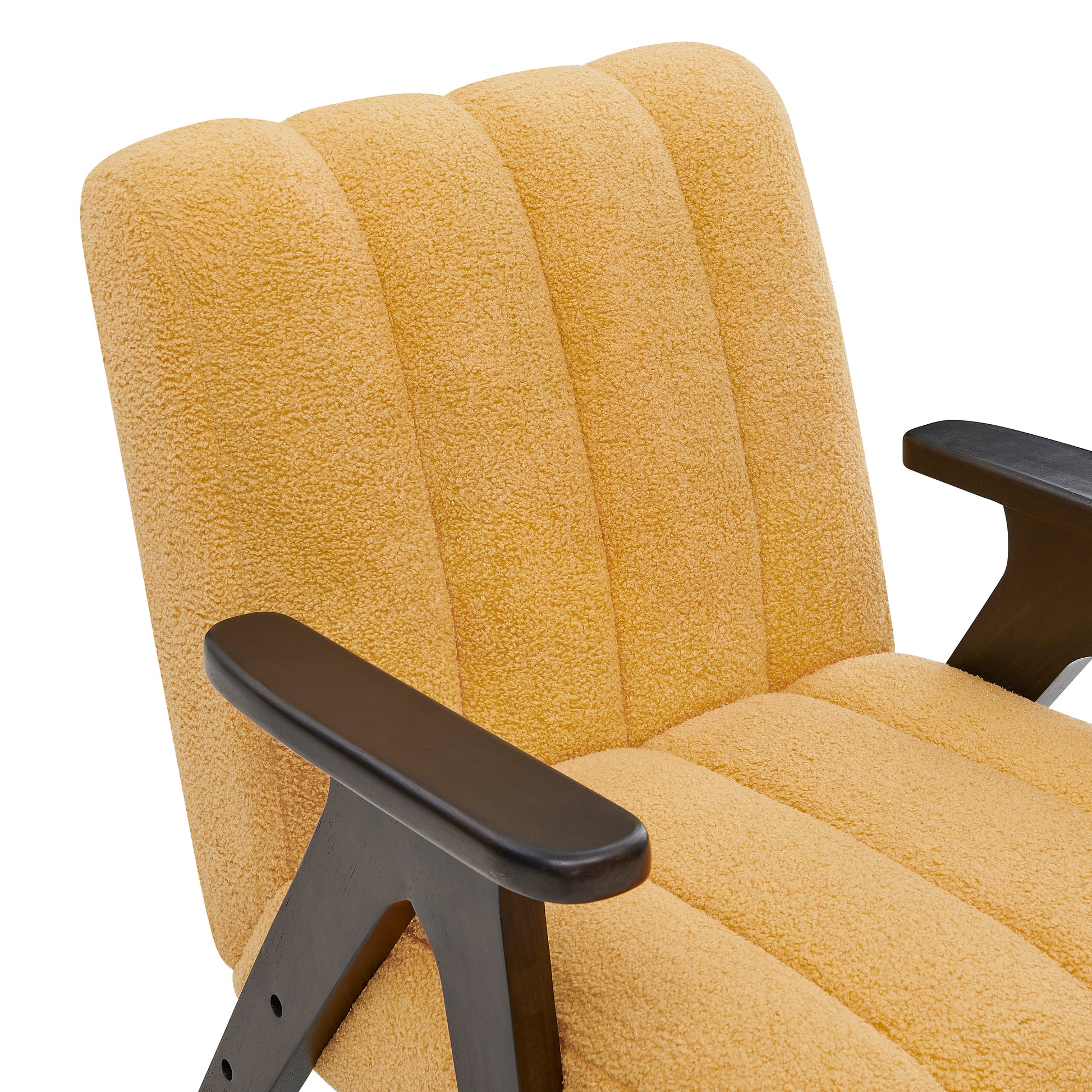 Textured yellow boucle armchair with dark wood armrests and legs