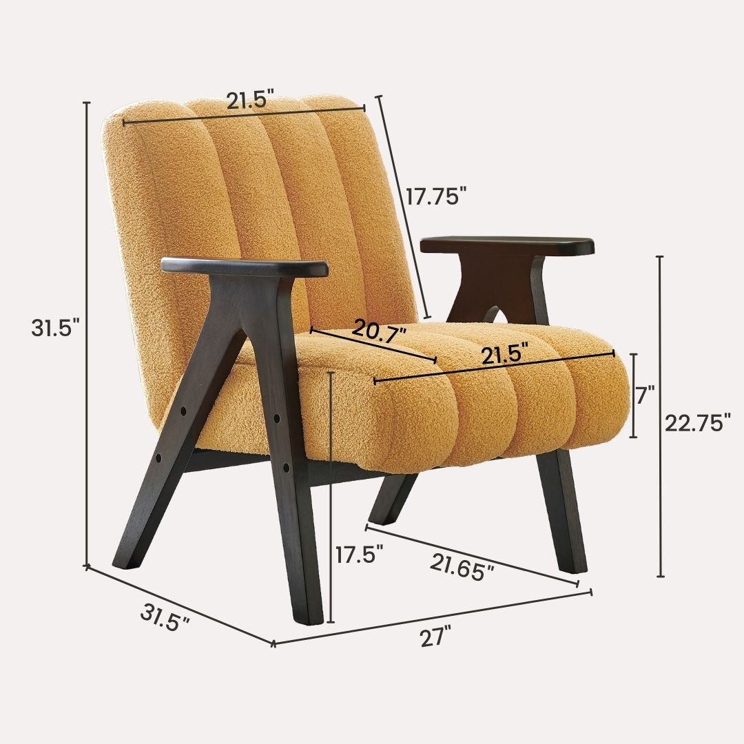 Ochre boucle accent chair with dark wood legs and arms perfect for modern living rooms