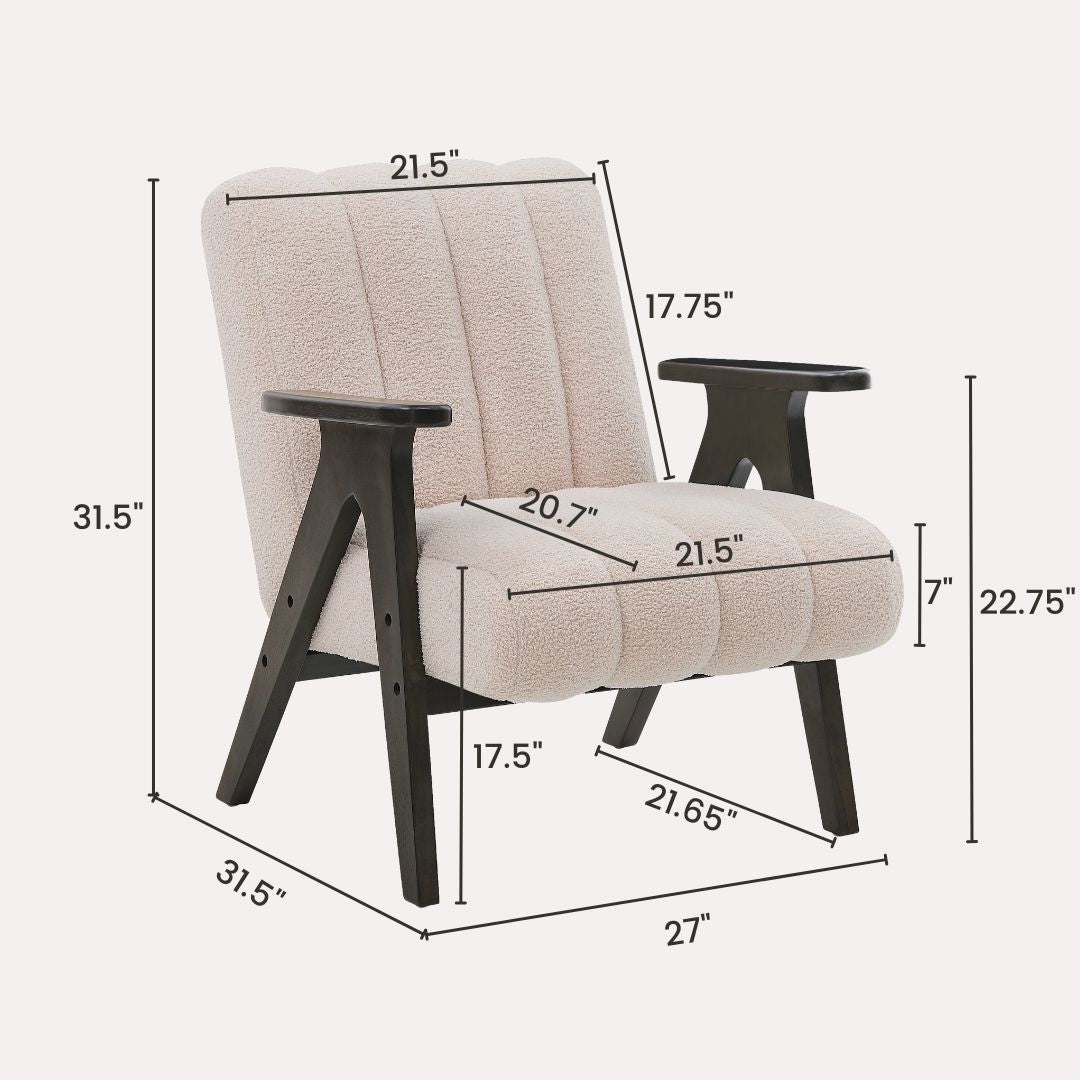 Cozy cream boucle accent chair with dark wood legs and channel tufting