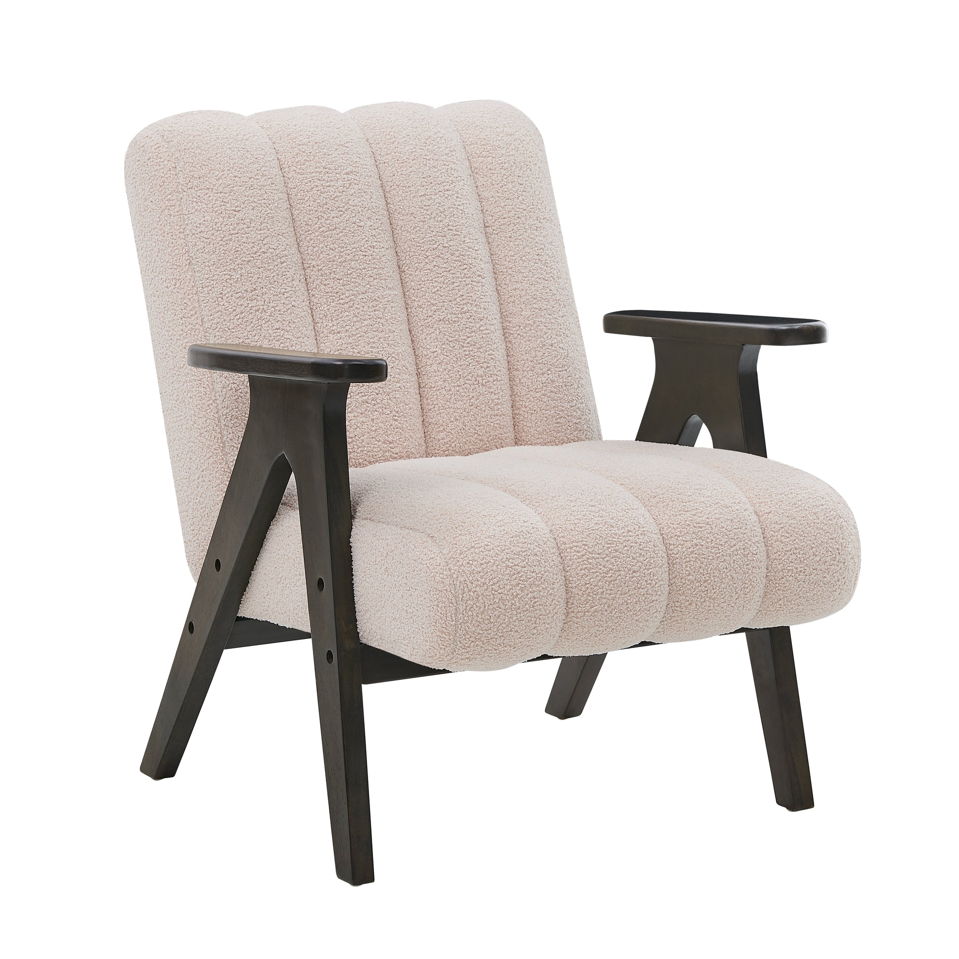 Textured cream boucle armchair with dark wood arms and legs midcentury modern style