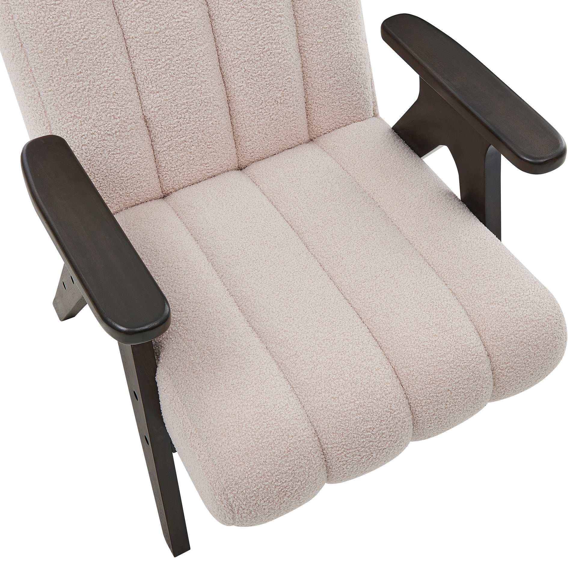 Plush teddy fabric accent chair in light beige with dark wood armrests and legs